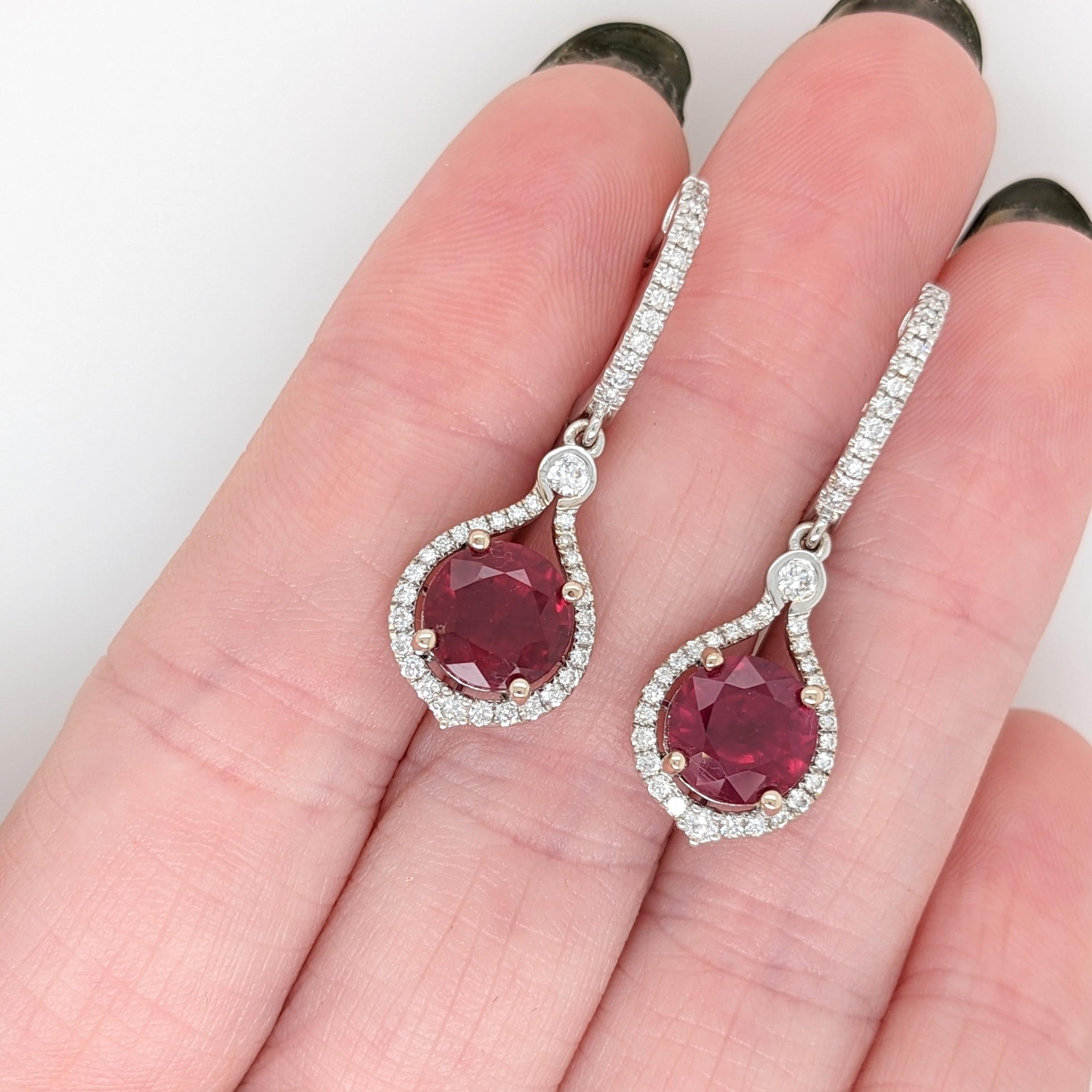 5.88ct Red Ruby Dangles w Diamond Halo Accents in 14K Solid Gold Round 8mm In New Condition In Columbus, OH