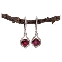 5.88ct Red Ruby Dangles w Diamond Halo Accents in 14K Solid Gold Round 8mm