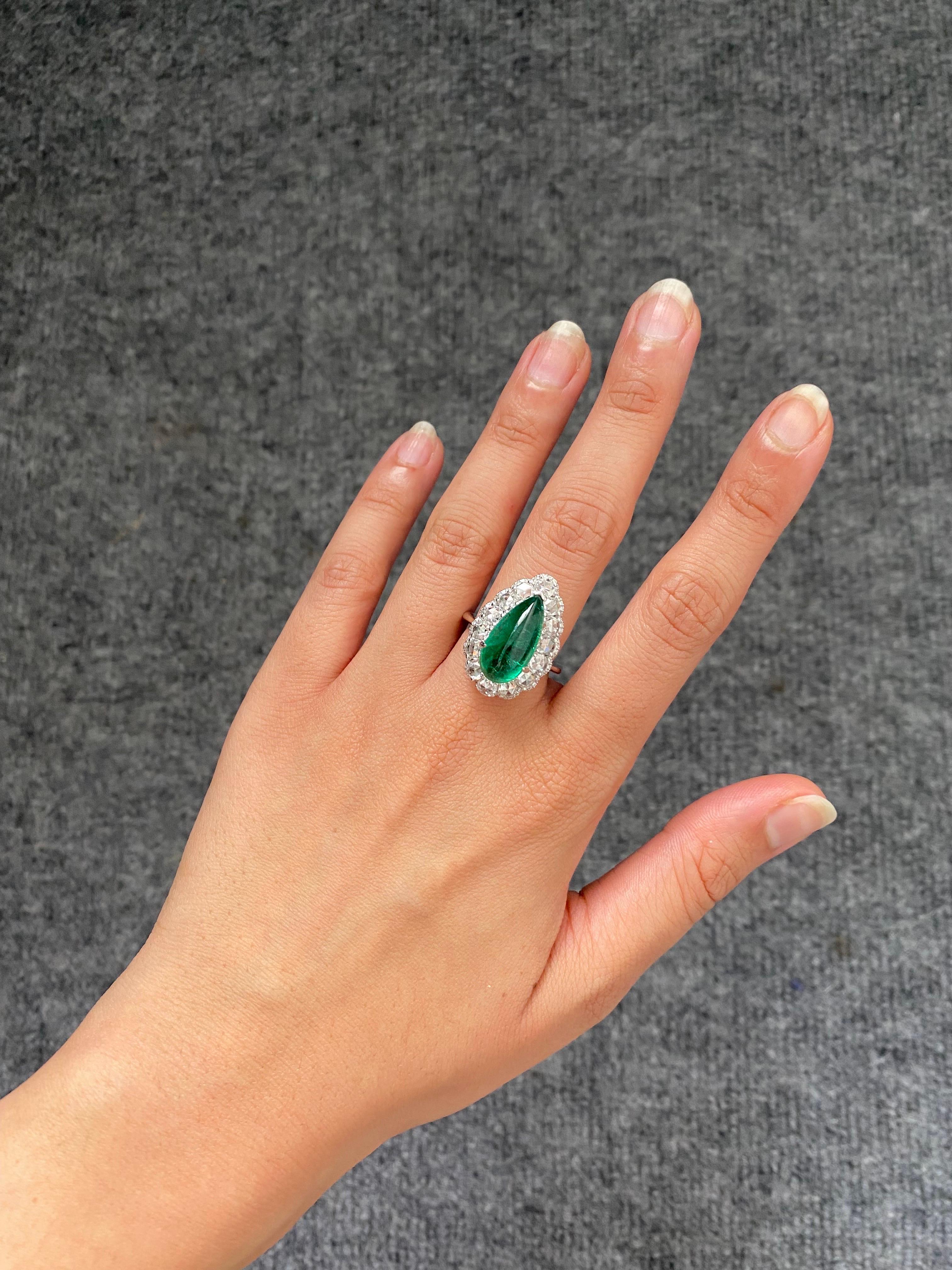 Pear Cut 5.89 Carat Cabochon Pear Shape Emerald and Diamond 18K Gold Ring For Sale