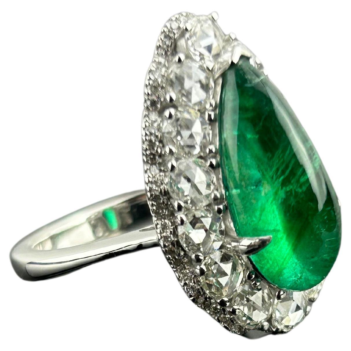5.89 Carat Cabochon Pear Shape Emerald and Diamond 18K Gold Ring For Sale