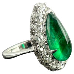 5.89 Carat Cabochon Pear Shape Emerald and Diamond 18K Gold Ring