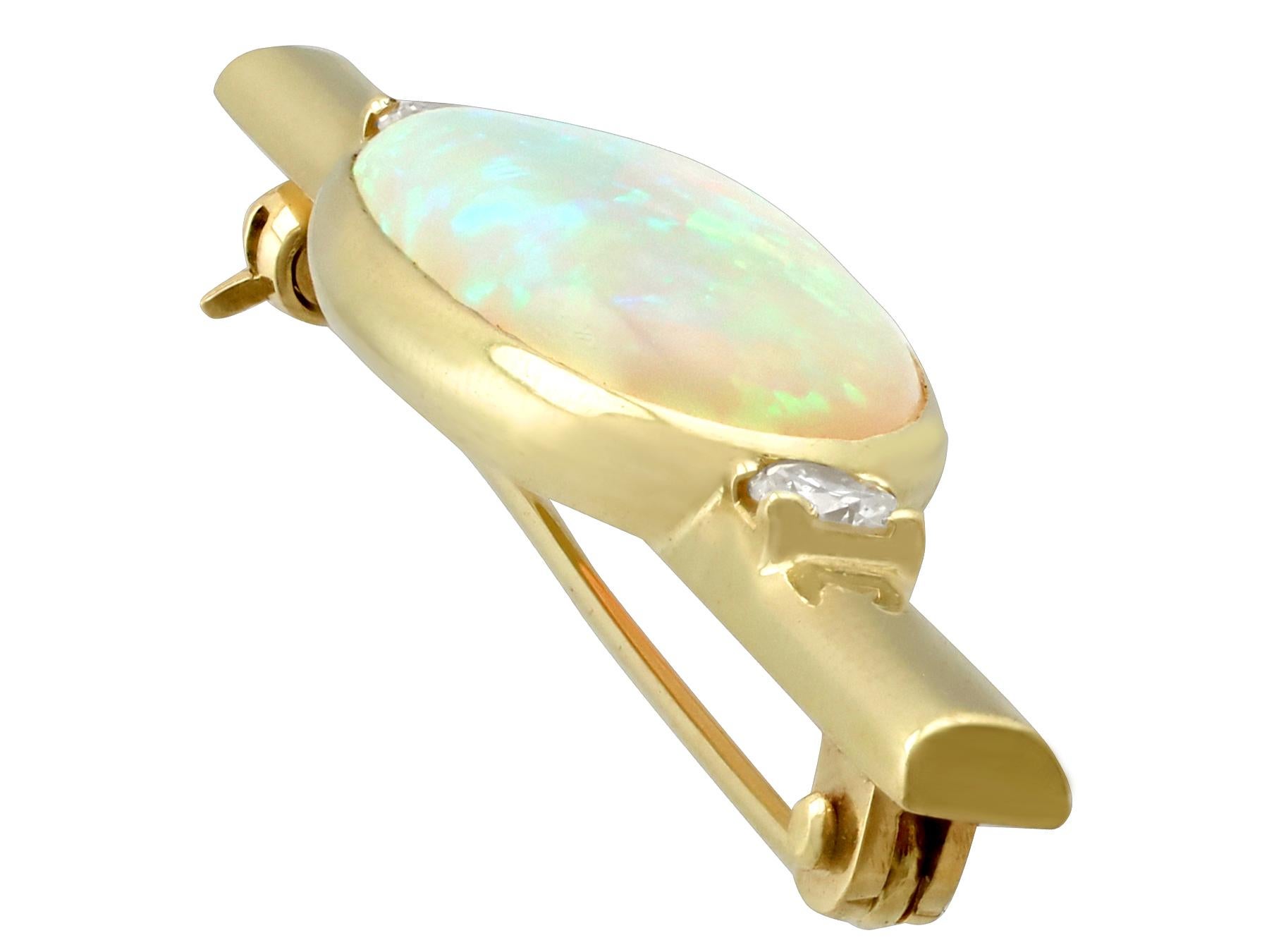 Round Cut 5.89 Carat Cabochon Cut Opal and Diamond Yellow Gold Bar Brooch For Sale