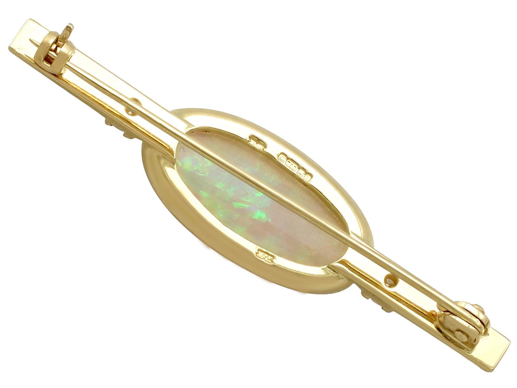 Women's or Men's 5.89 Carat Cabochon Cut Opal and Diamond Yellow Gold Bar Brooch For Sale