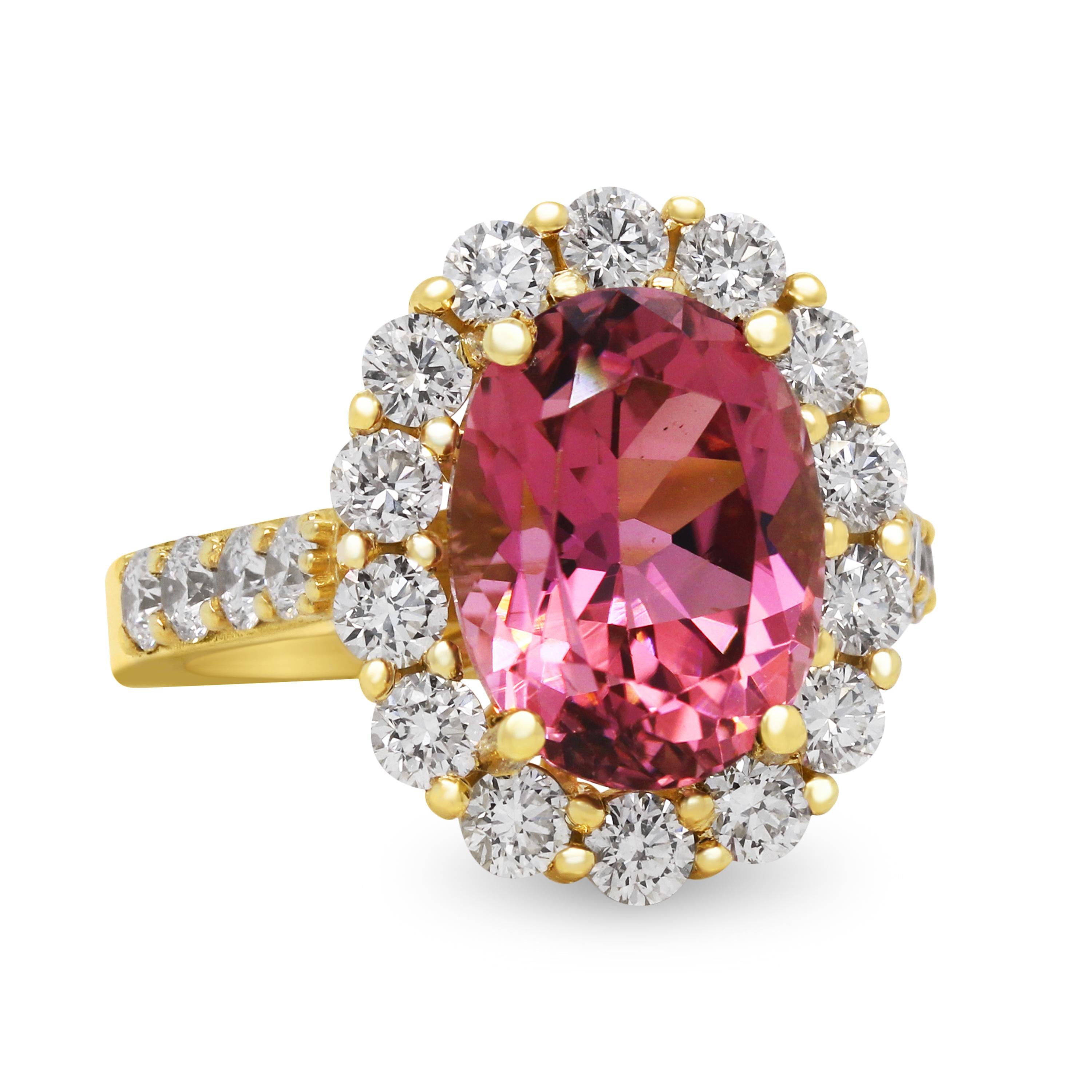 5.89 Carat Oval Cut Pink Tourmaline 18 Karat Yellow Gold Diamond Cocktail Ring

This one-of-a-kind ring features a gorgeous, vibrant pink tourmaline center with diamonds surrounding along with half way on the band.

5.89 carat Pink Tourmaline