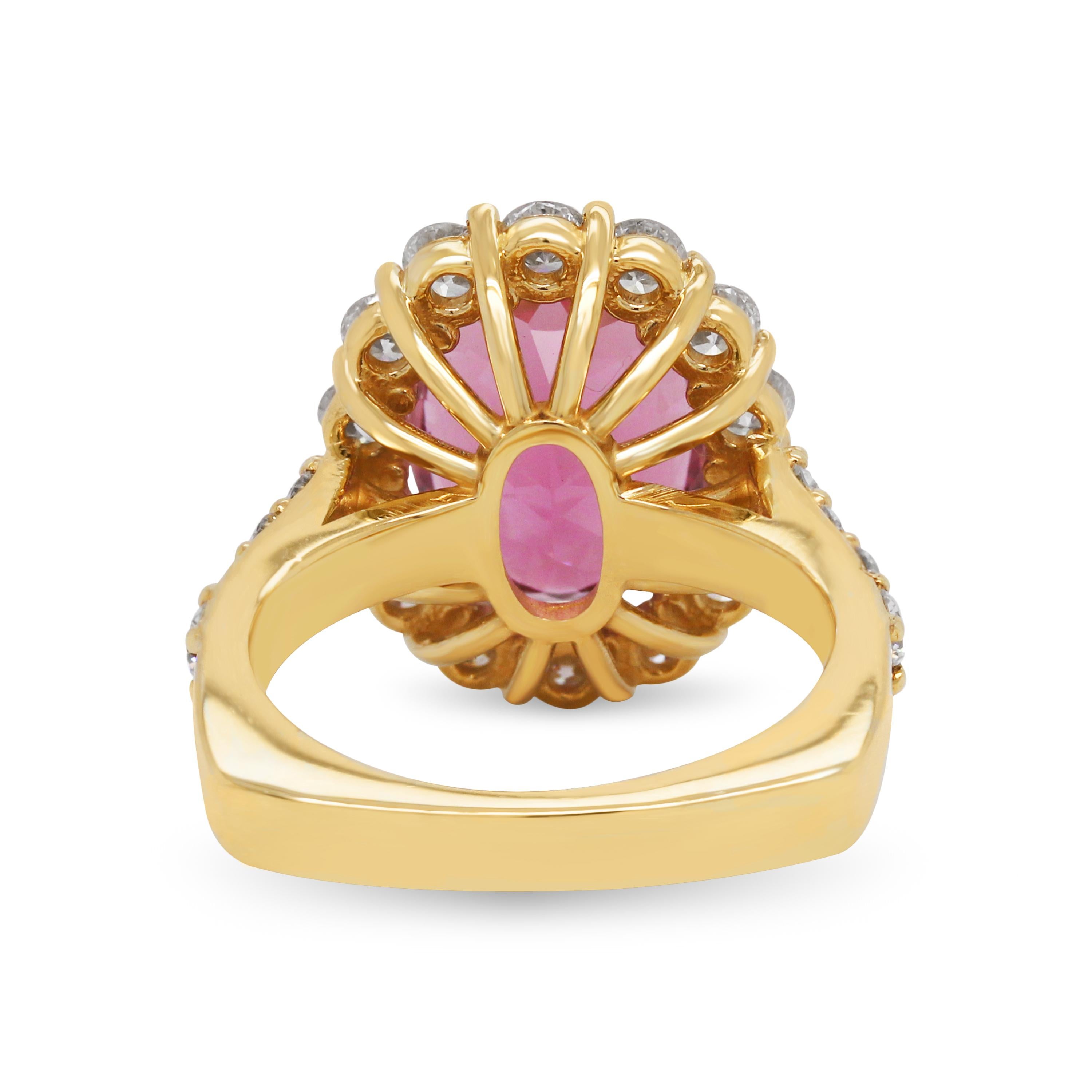 5.89 Carat Oval Cut Pink Tourmaline 18 Karat Yellow Gold Diamond Cocktail Ring In New Condition For Sale In Boca Raton, FL