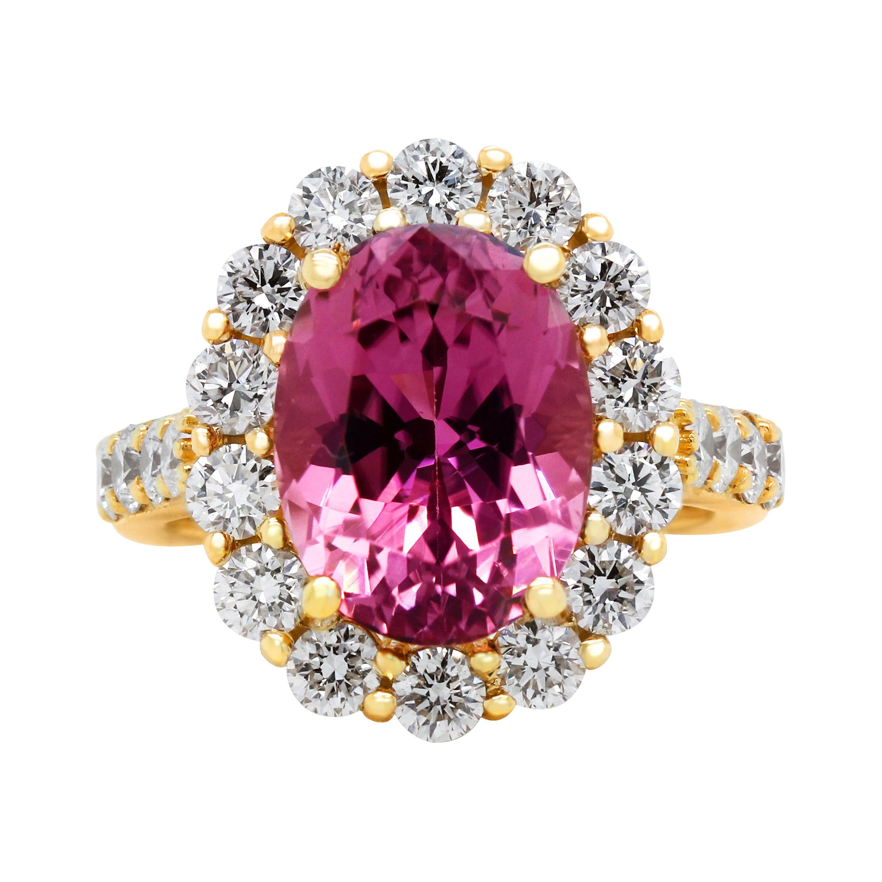 5.89 Carat Oval Cut Pink Tourmaline 18 Karat Yellow Gold Diamond Cocktail Ring