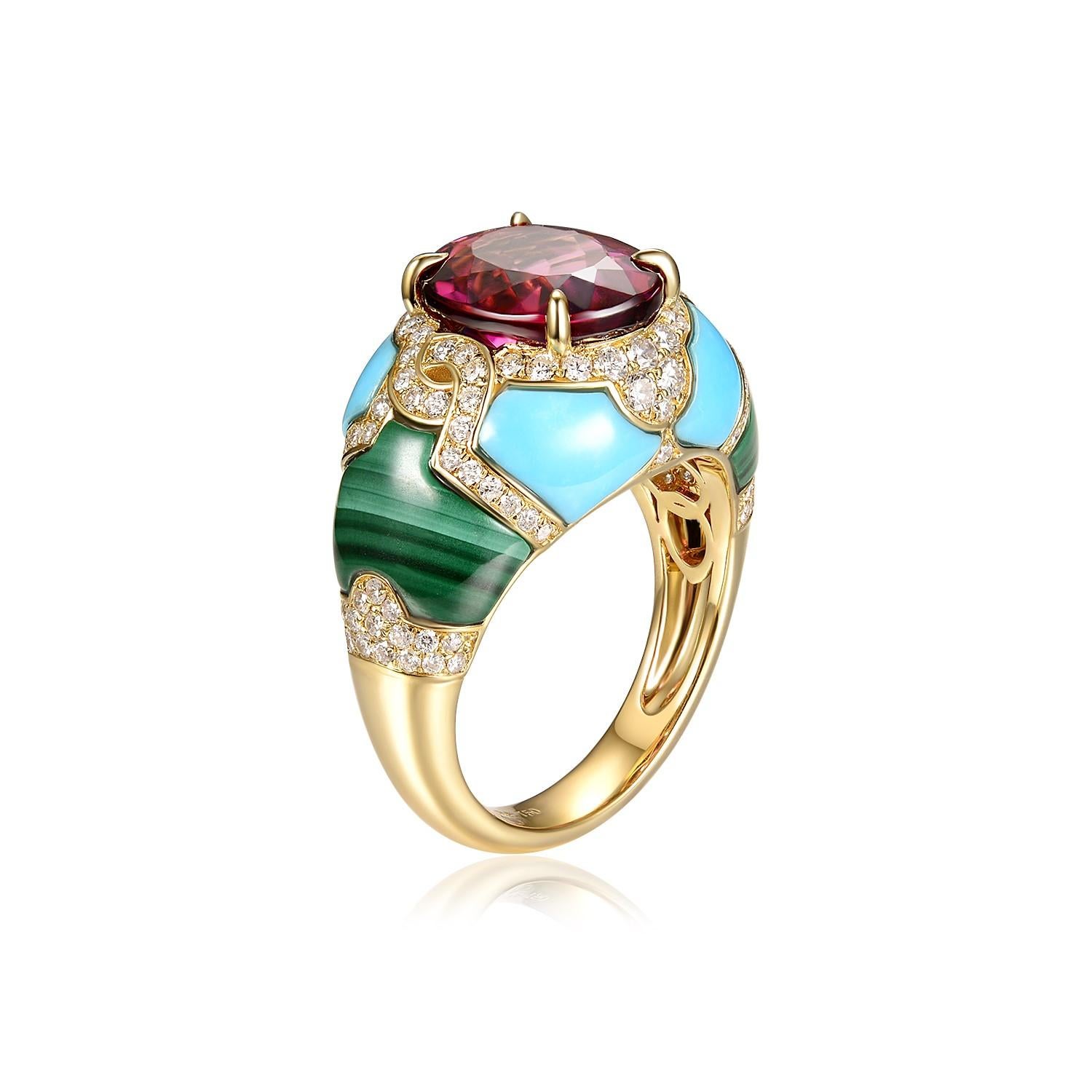 Dazzle and inspire with this remarkable 4.29 carat tourmaline cocktail ring, a sparkling tribute to the beauty of precious gems. At its heart sits a stunning 4.29-carat pink tourmaline, known for its vibrant hues and deep meaning. Enchantingly