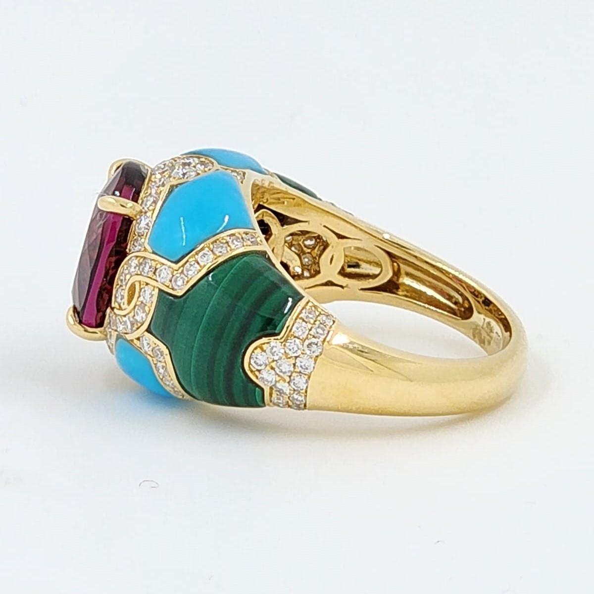 4.29 Carat Pink Tourmaline Turquoise Malachite Diamond Cocktail Ring In New Condition For Sale In Hong Kong, HK