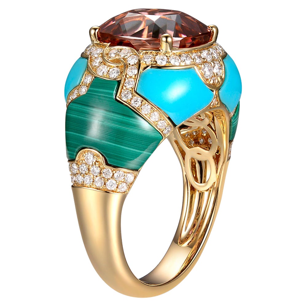 5.89 Karat Rosa Turmalin Türkis Malachit Diamant Cocktail Ring