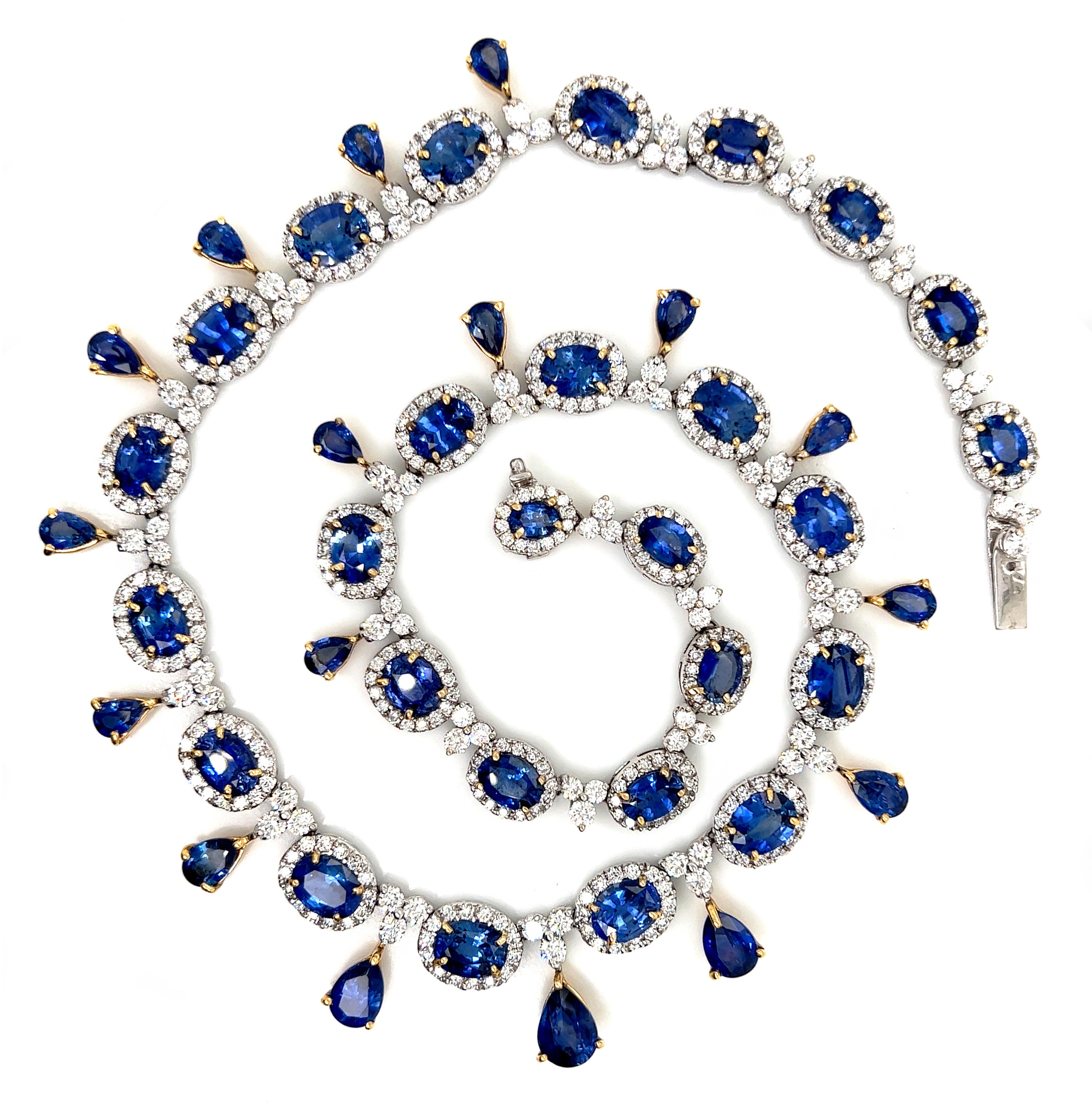 Oval Cut 58.9 Total Carat Sapphire and Diamond White Gold Necklace For Sale