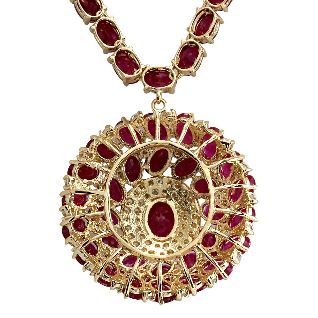 Stamped: 14K Yellow Gold
Total Necklace Weight: 29.0 Grams
Necklace Length: 17 Inches
Total Natural Center Ruby Weight is 1.76 Carat (Measures: 8.00x6.00 mm)
Color: Red
Total Natural Side Ruby Weight is 55.50 Carat
Color: Red
Total Natural Diamond