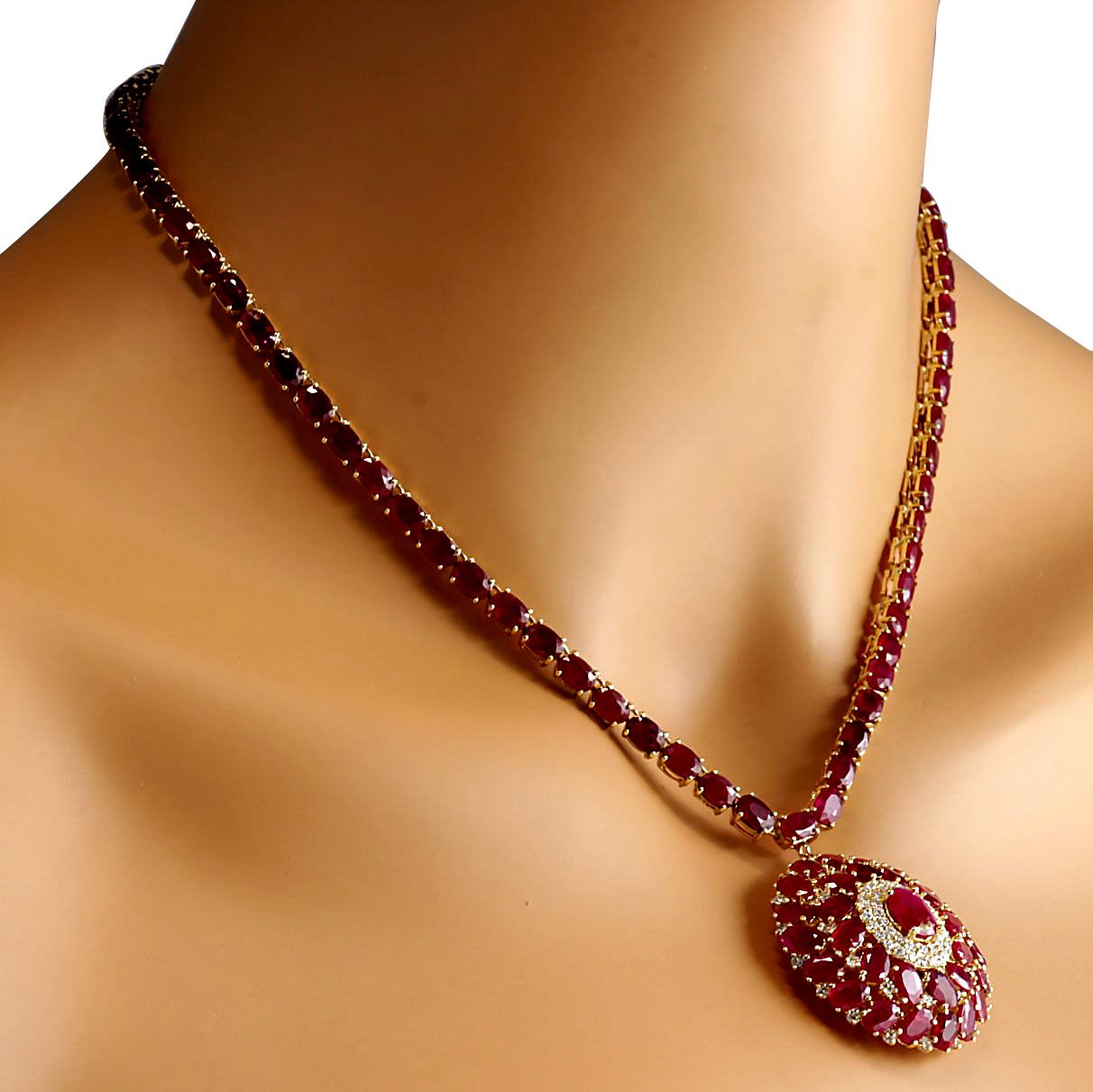 Oval Cut Natural Ruby Diamond Necklace In 14 Karat Yellow Gold  For Sale