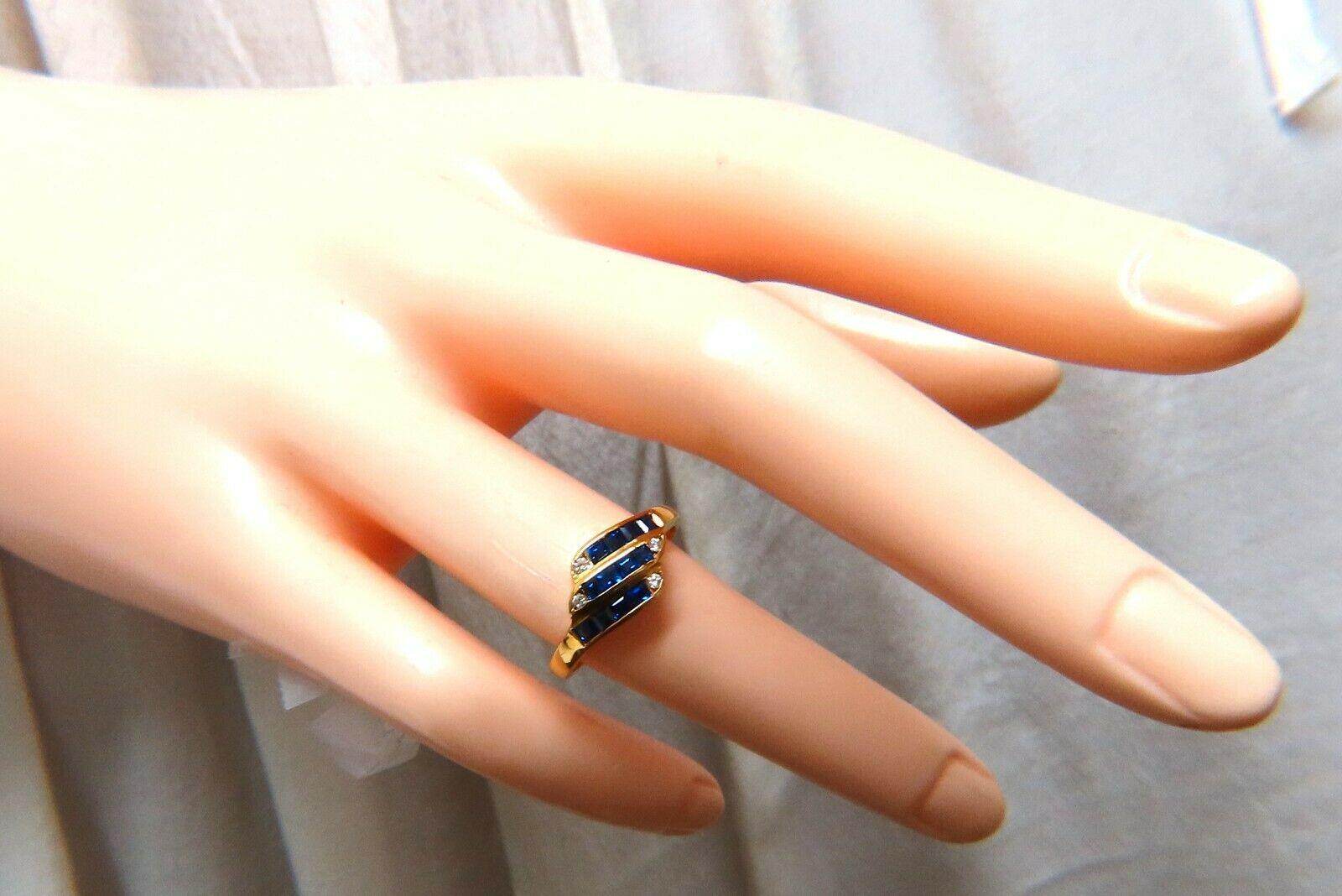Sapphire & Diamonds Accent Ring

.50ct Royal Blue & transparent

Full cut and Full Faceted.

Baguette, Full Cut Brilliant

.08ct Natural Round Diamonds

H-color Vs-2 Clarity

2.9 grams 

Ring is 8.3mm wide.

Depth: 2.8mm

current ring size:  6

&