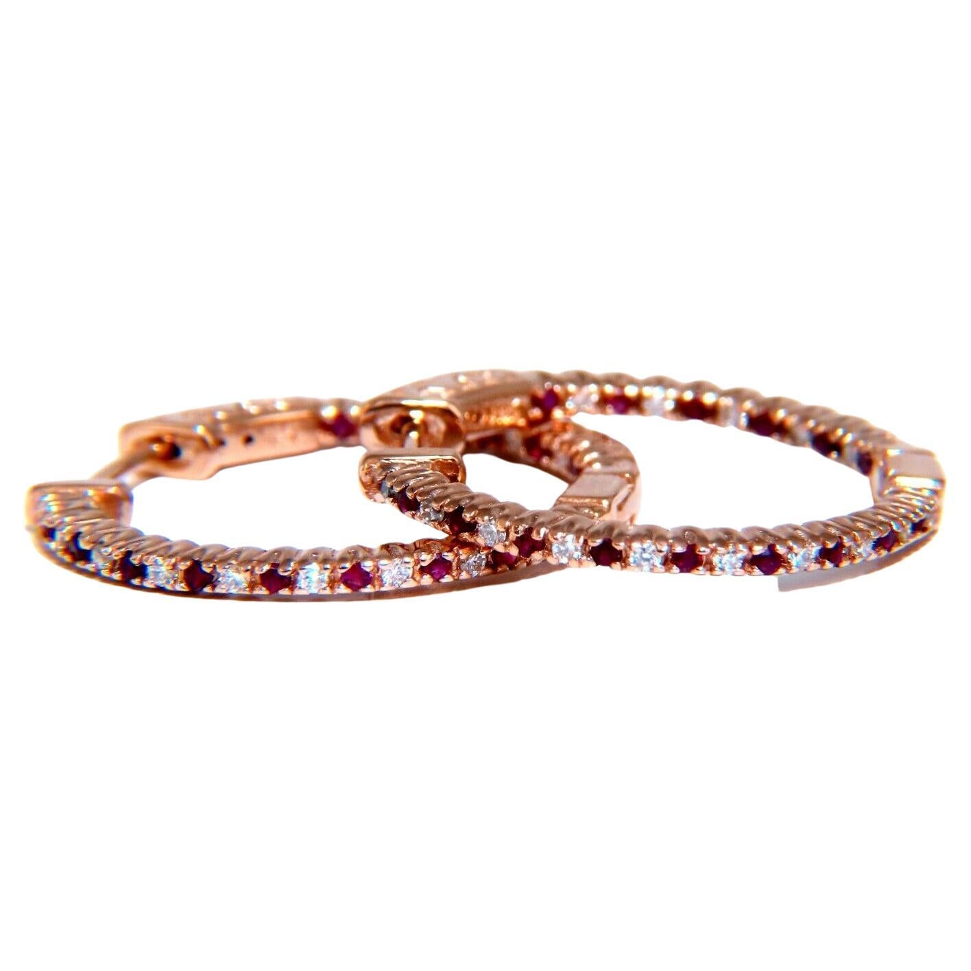 .58ct Natural Ruby Diamonds Hoop Earrings 14kt Rose Gold Inside Out For Sale