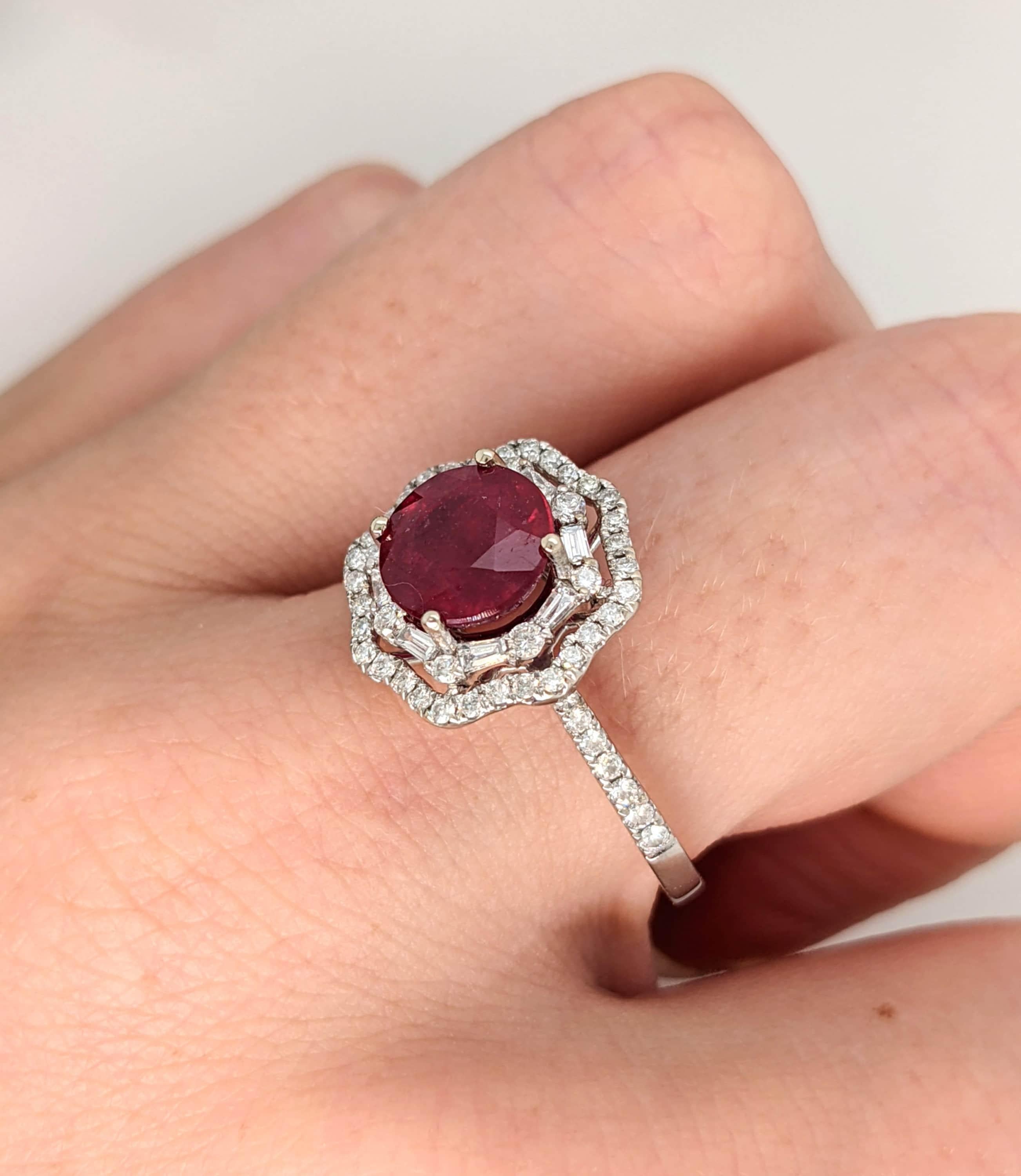 Art Deco 5.8ct Red Ruby Ring w Earth Mined Diamonds in Solid 14k White Gold Round 10mm For Sale