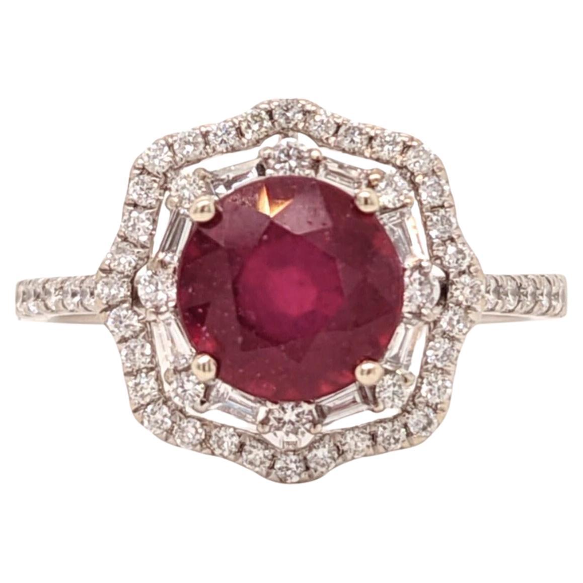 5.8ct Red Ruby Ring w Earth Mined Diamonds in Solid 14k White Gold Round 10mm For Sale