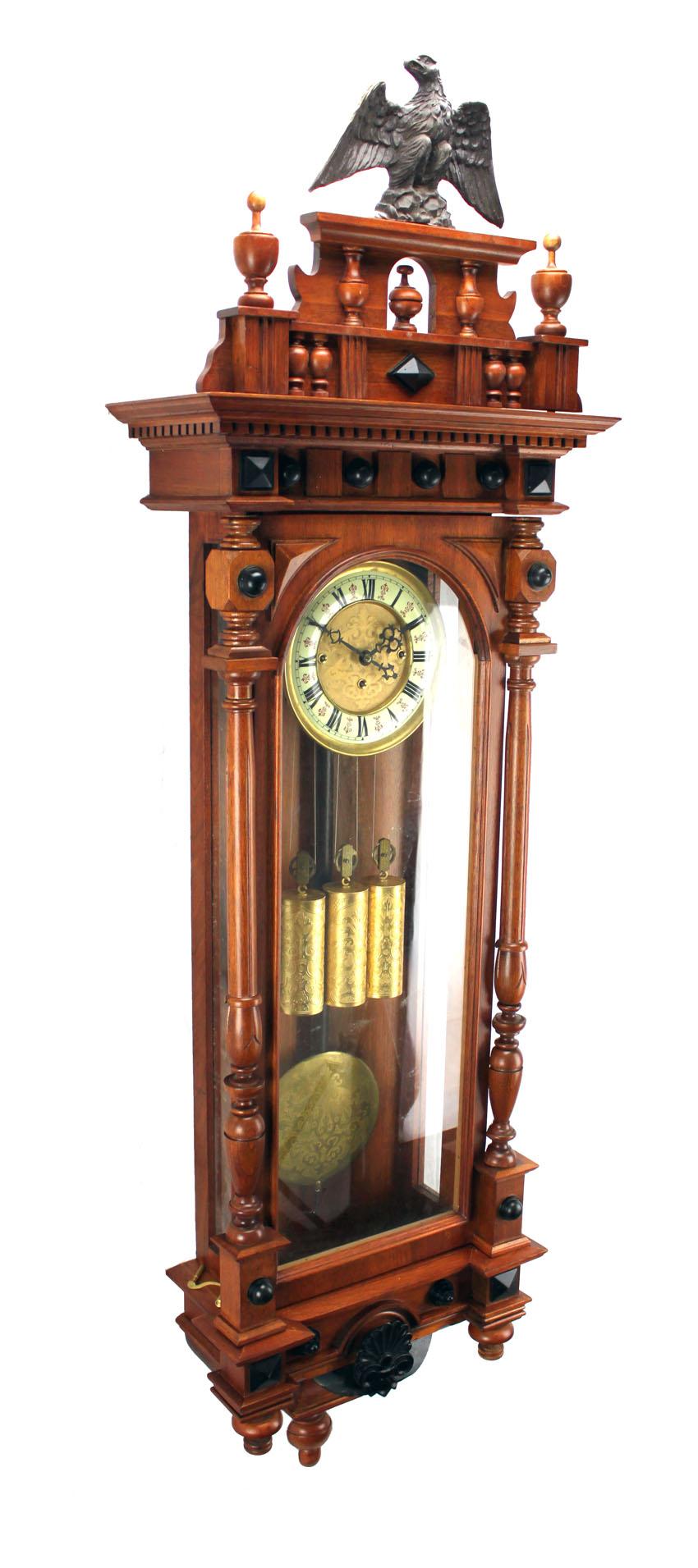 Here is an excellent 3 weight driven regulator wall clock. This clock is 57-1/2