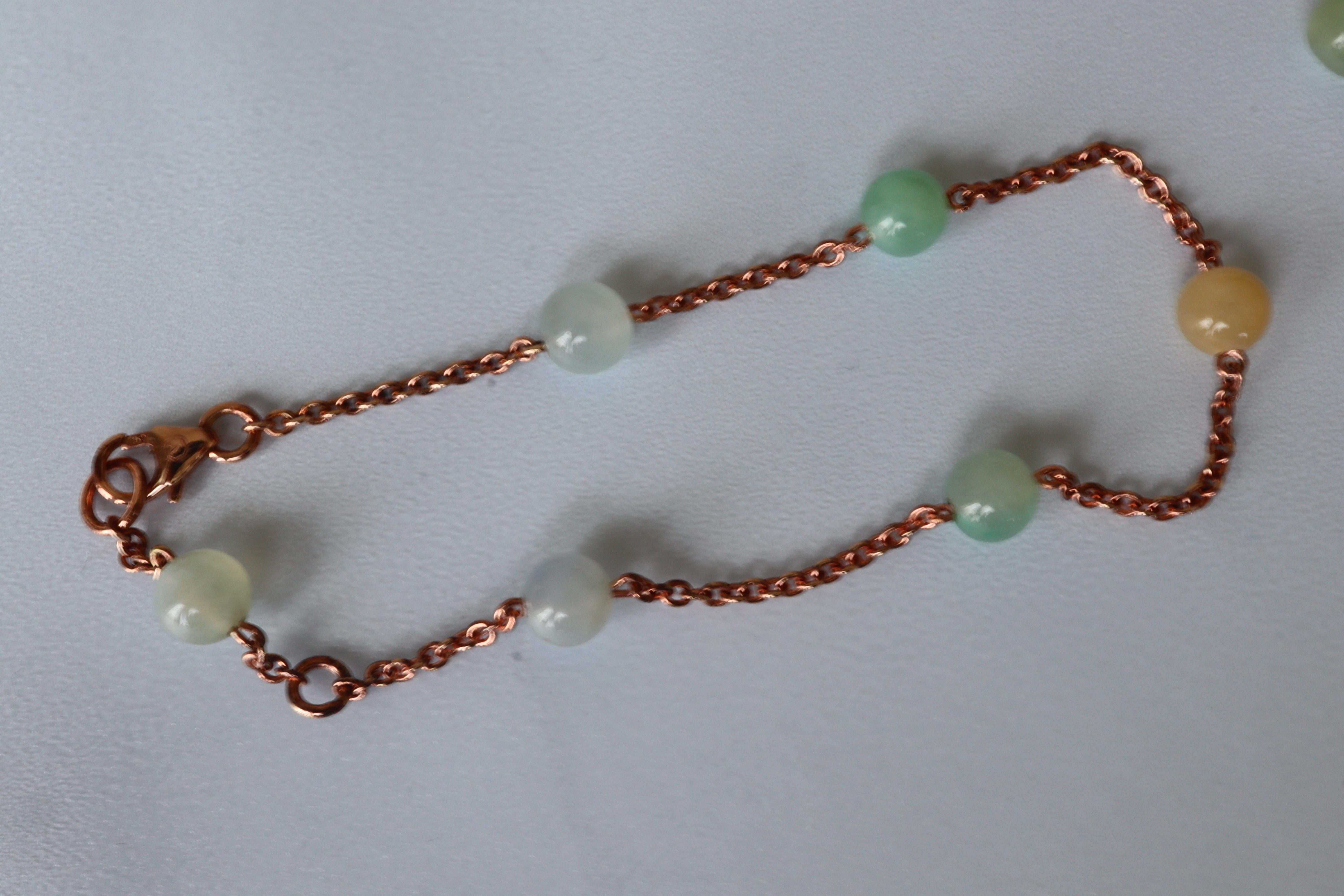 Art Deco 5.8mm Beaded sized Burmese Type A Jadeite Jade Bracelet in 18K Rose Gold For Sale