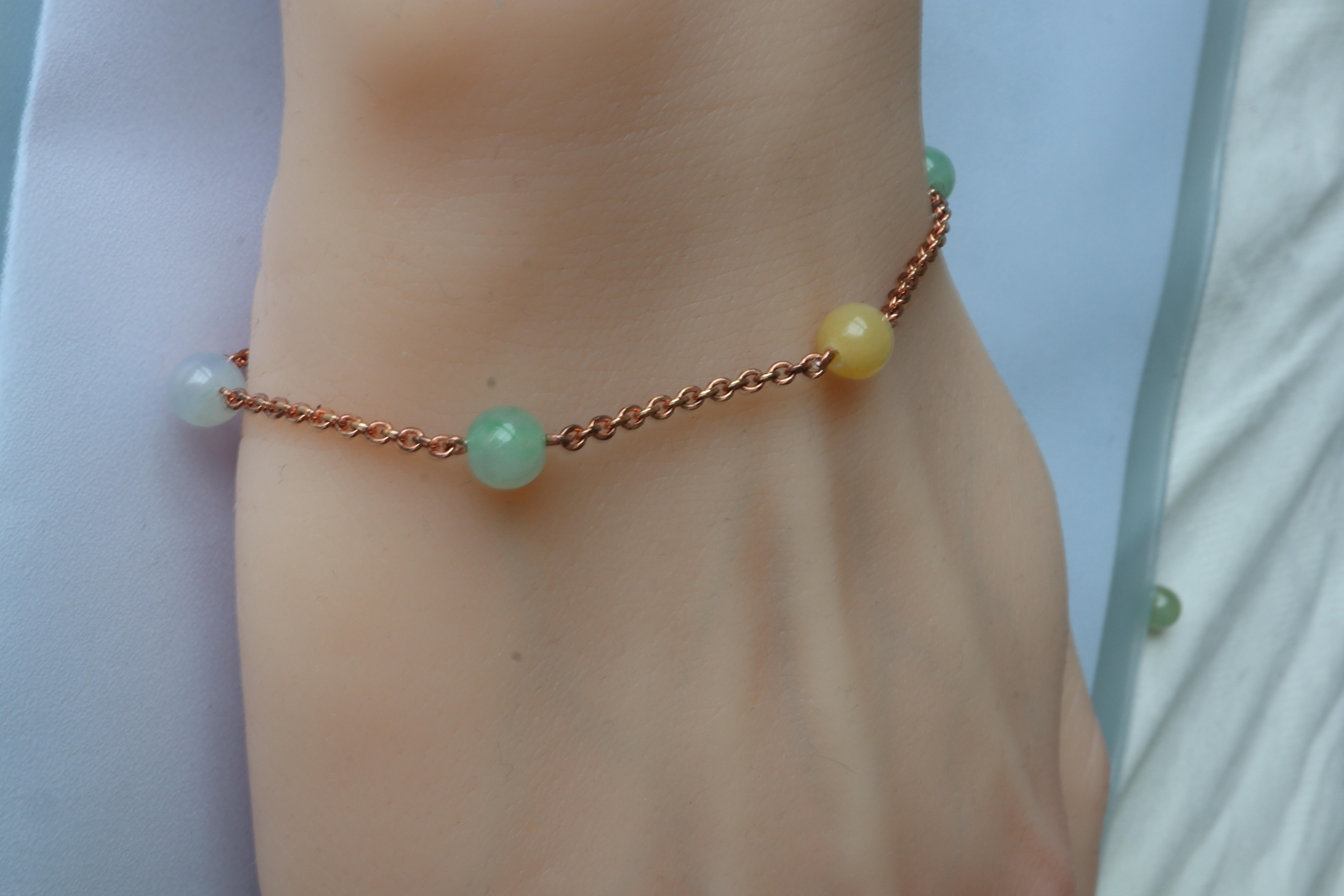5.8mm Beaded sized Burmese Type A Jadeite Jade Bracelet in 18K Rose Gold In New Condition For Sale In Singapore, SG