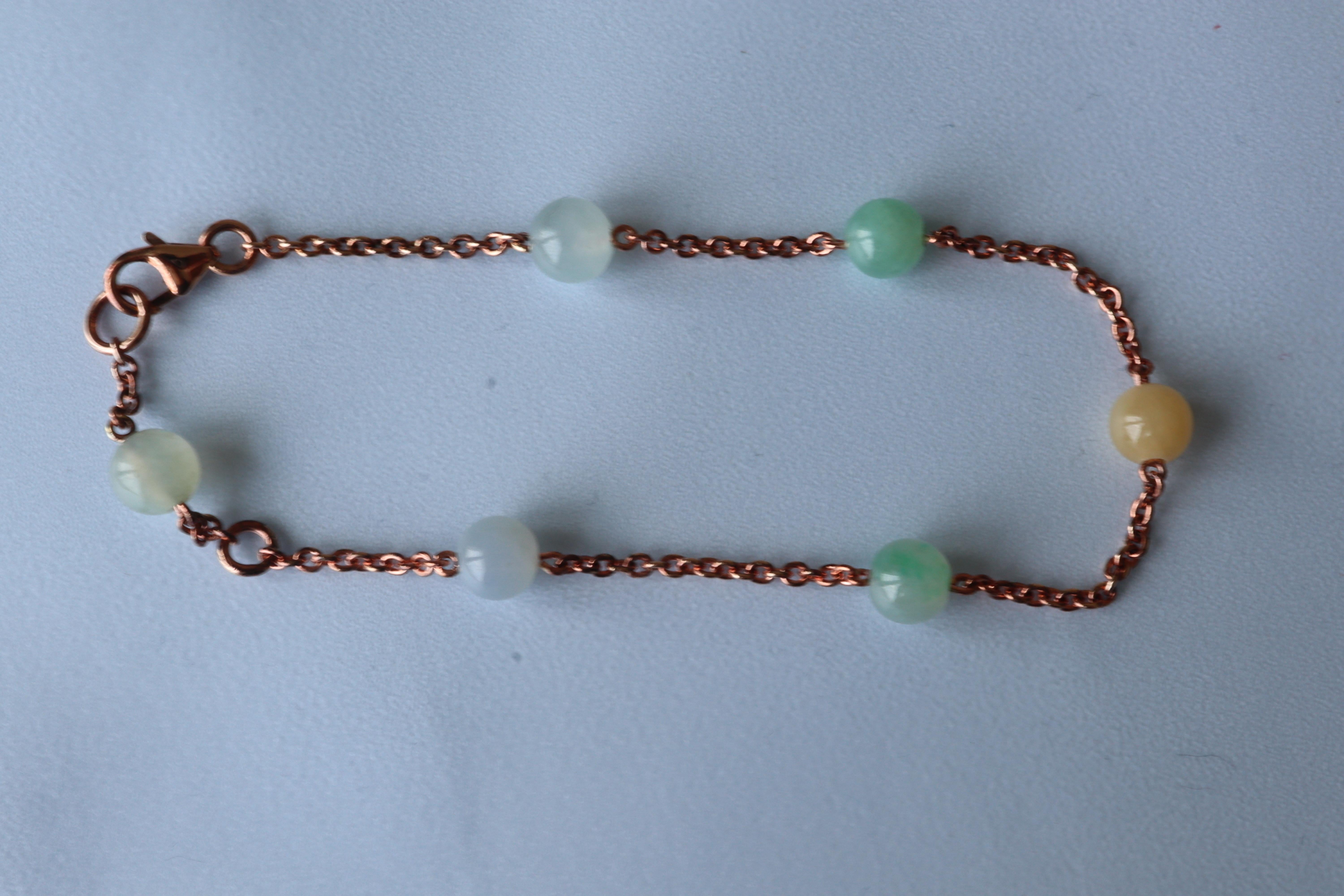 Women's 5.8mm Beaded sized Burmese Type A Jadeite Jade Bracelet in 18K Rose Gold For Sale