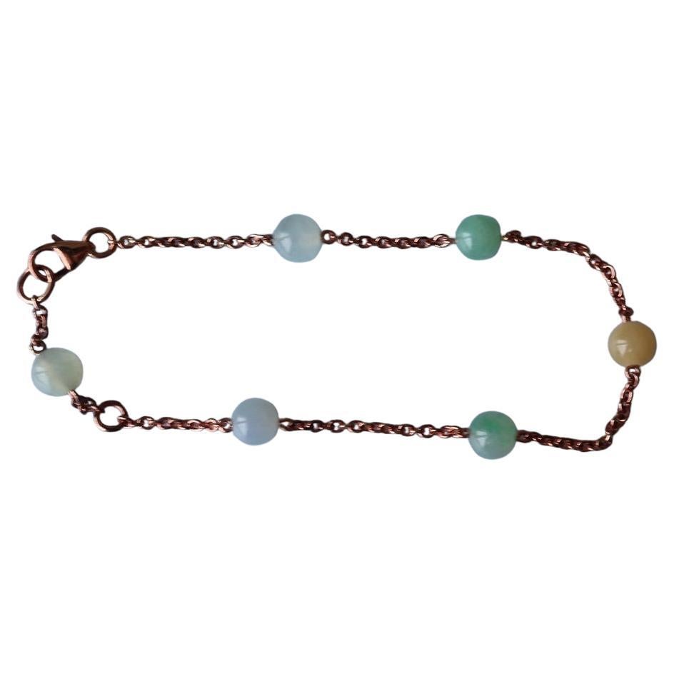 5.8mm Beaded sized Burmese Type A Jadeite Jade Bracelet in 18K Rose Gold For Sale