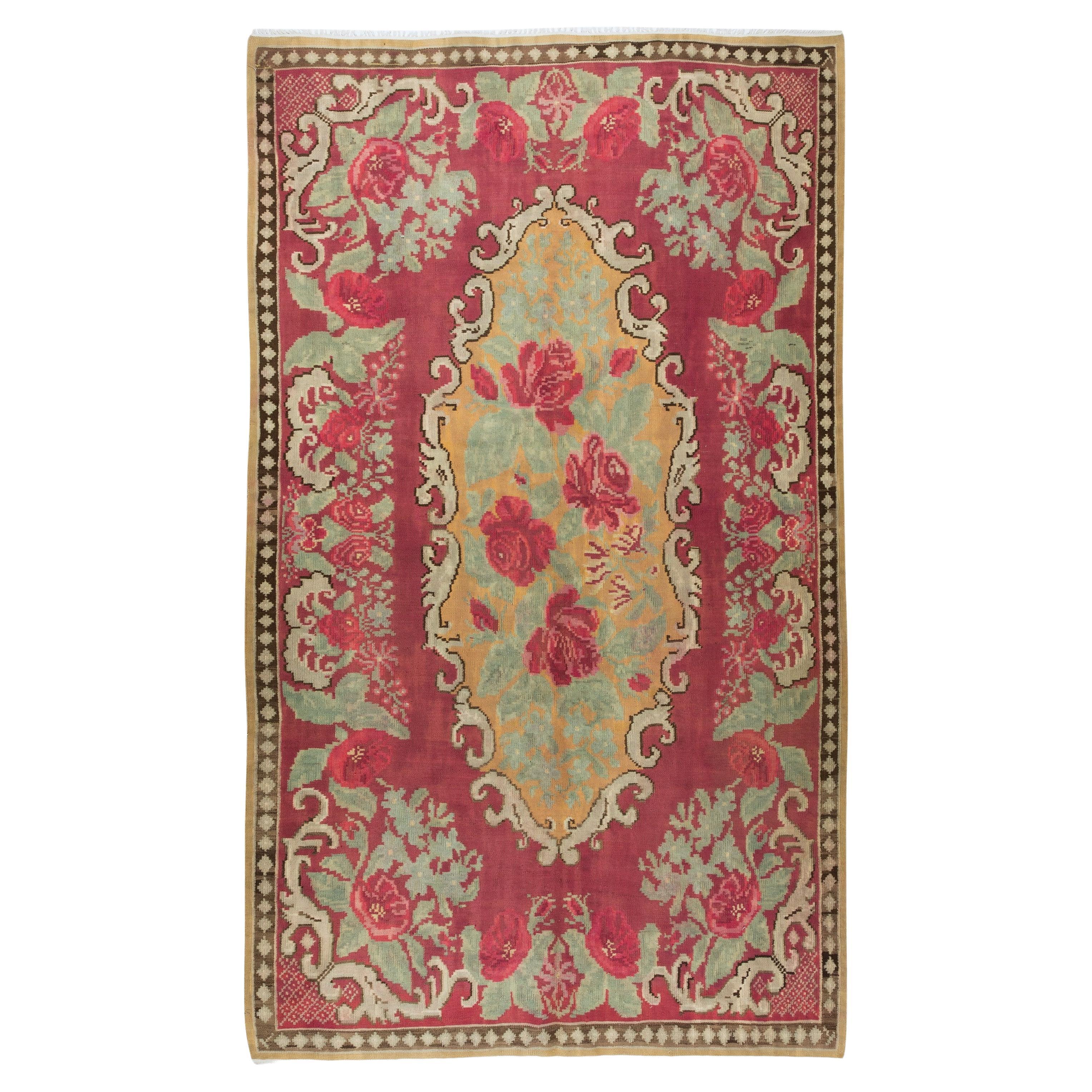 5.8x10 Ft Handmade Moldovan Kilim, Vintage Rug. Rose Pattern Tapestry. 100% Wool