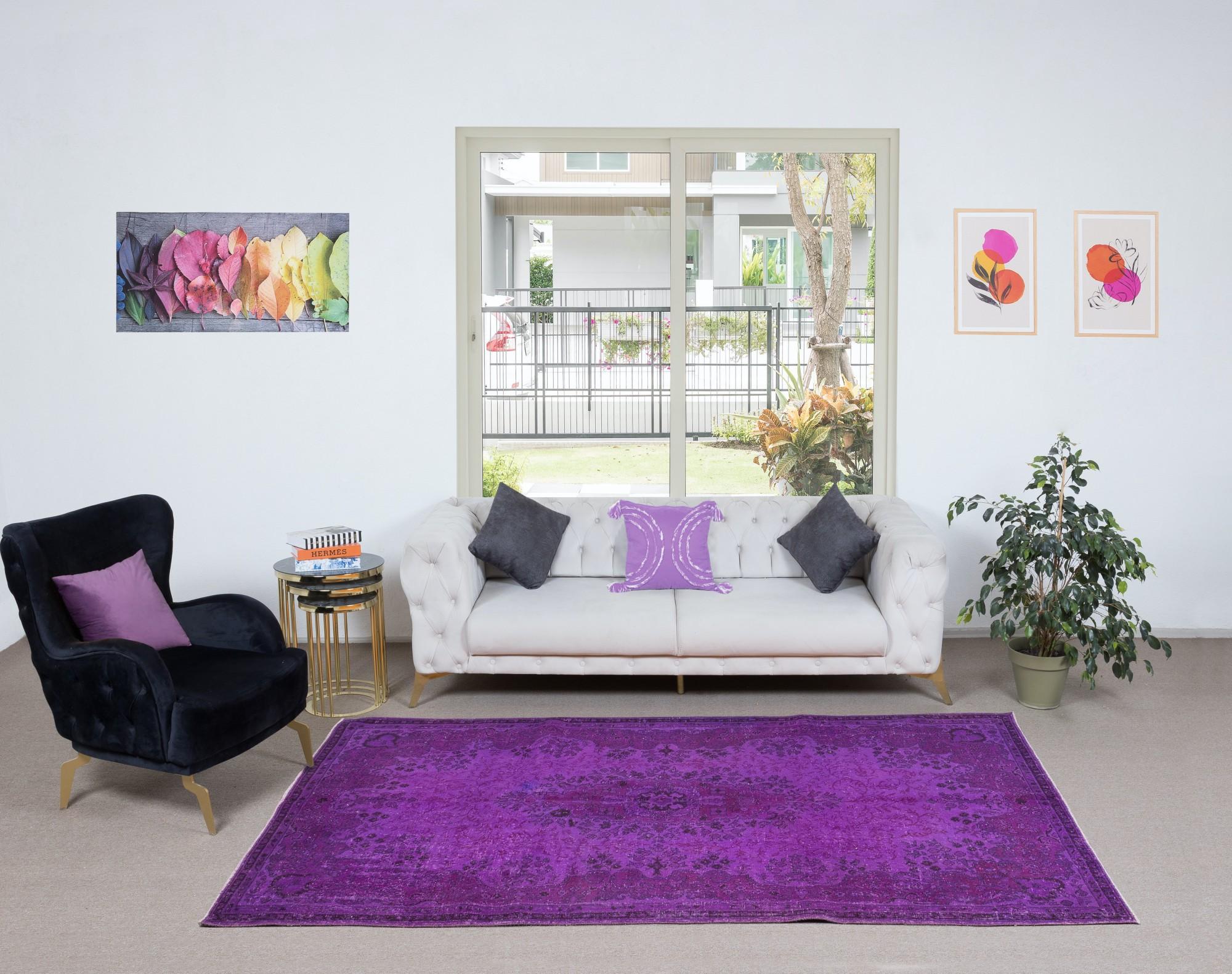 20th Century 5.8x10 Ft Handmade Turkish Rug in Purple for Bedroom, Modern Living Room Carpet For Sale