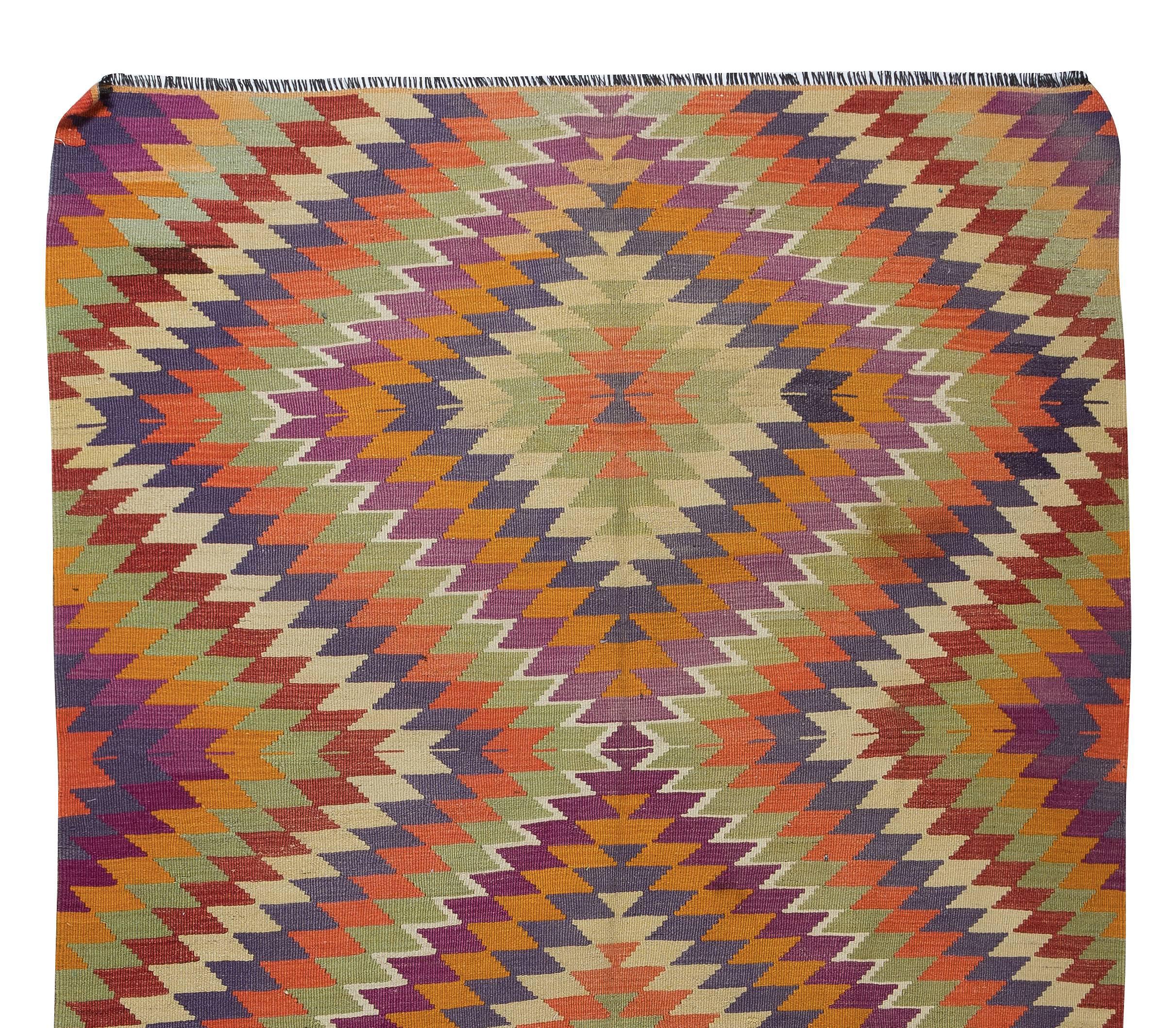 Kilim multicolor de lana turca hecho a mano, alfombra única de tejido plano Tejido a mano en venta