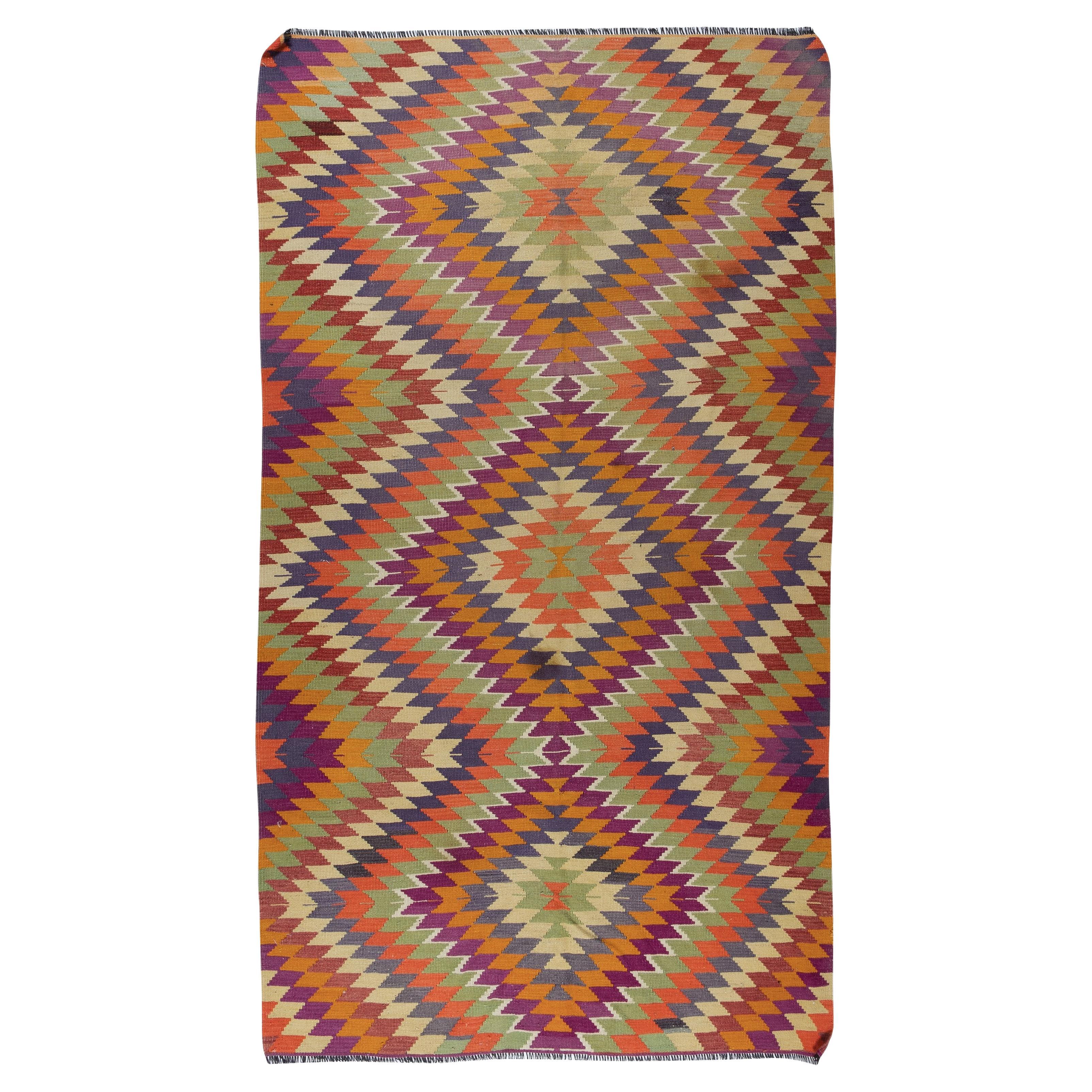 5.8x10 Ft Multicolored Handmade Turkish Wool Kilim, One of a Kind Flat-Weave Rug For Sale