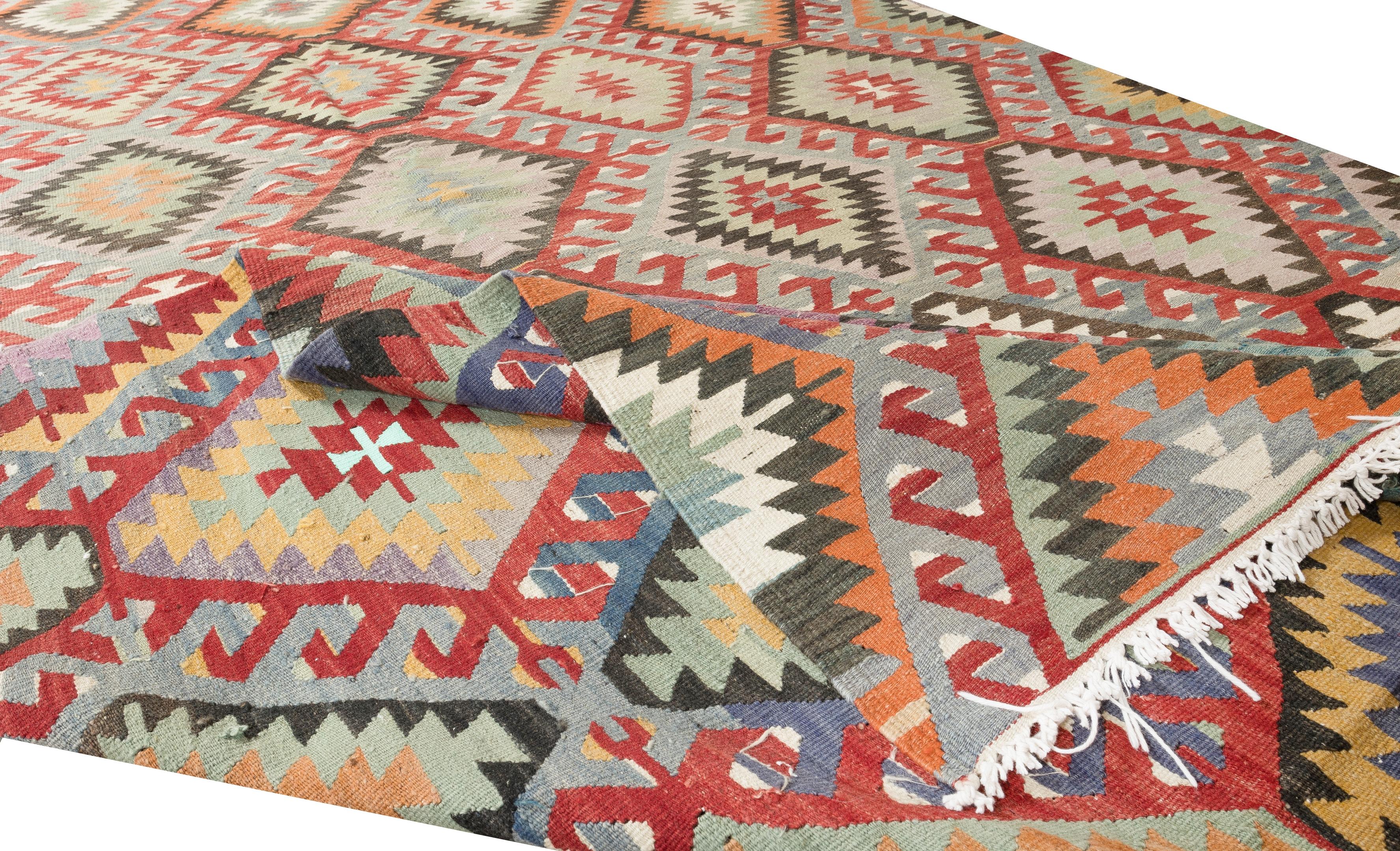Hand-Woven 5.8x10 Ft One of a Kind Handmade Turkish Wool Kilim, Multicolored Flat-Weave Rug For Sale
