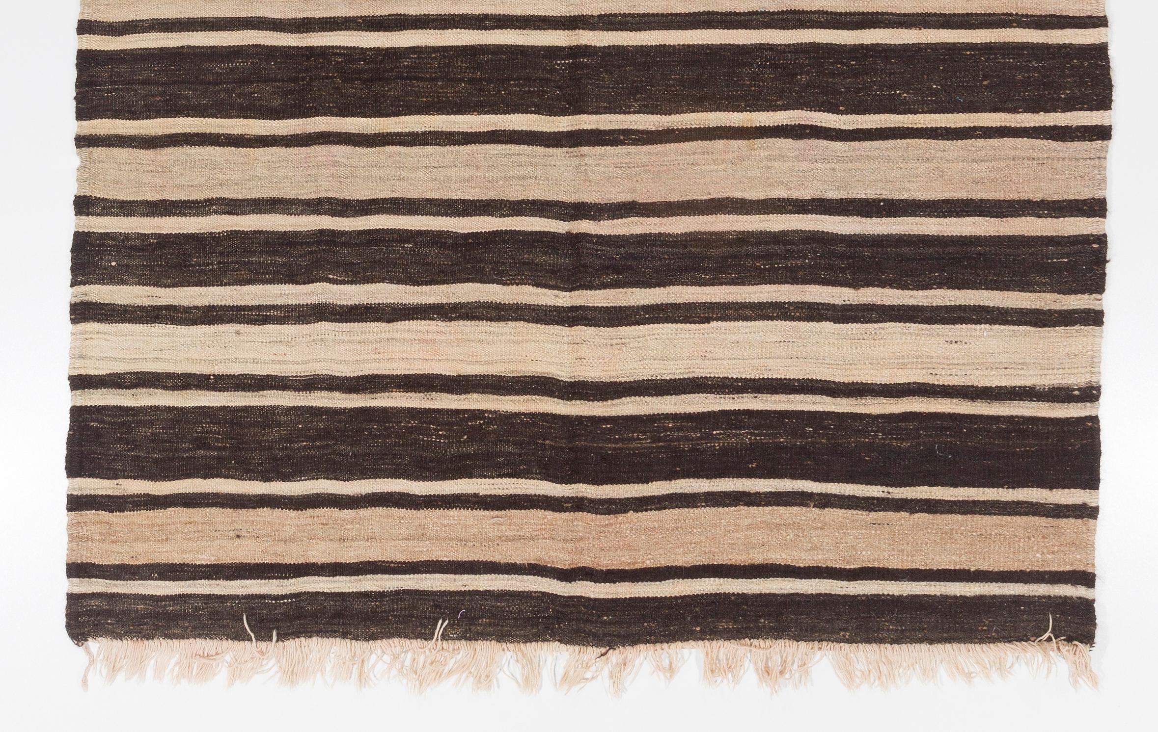 Hand-Woven 5.8x11.2 Ft Vintage Handmade Banded Anatolian Kilim in Beige and Brown Wool For Sale