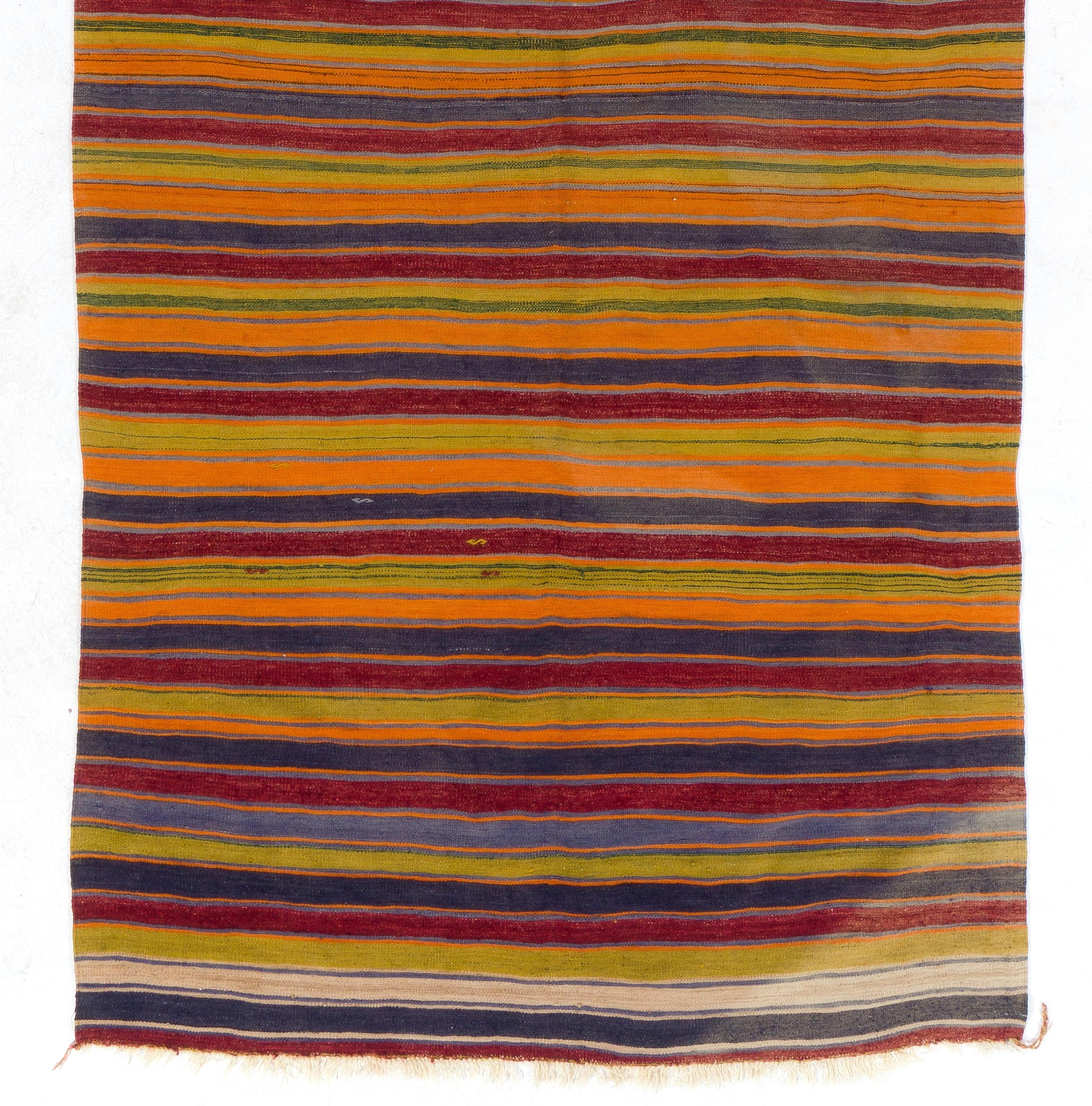 Turkish 5.8x12.7 Ft Vintage Striped Hand-Woven Anatolian Kilim 'Flat-Weave', 100% Wool For Sale