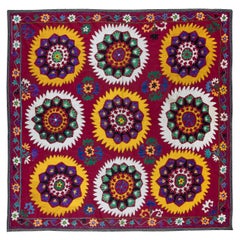 5.8x5.8 ft Handmade Suzani Cotton Bed Cover, Vintage Embroidered Wall Hanging