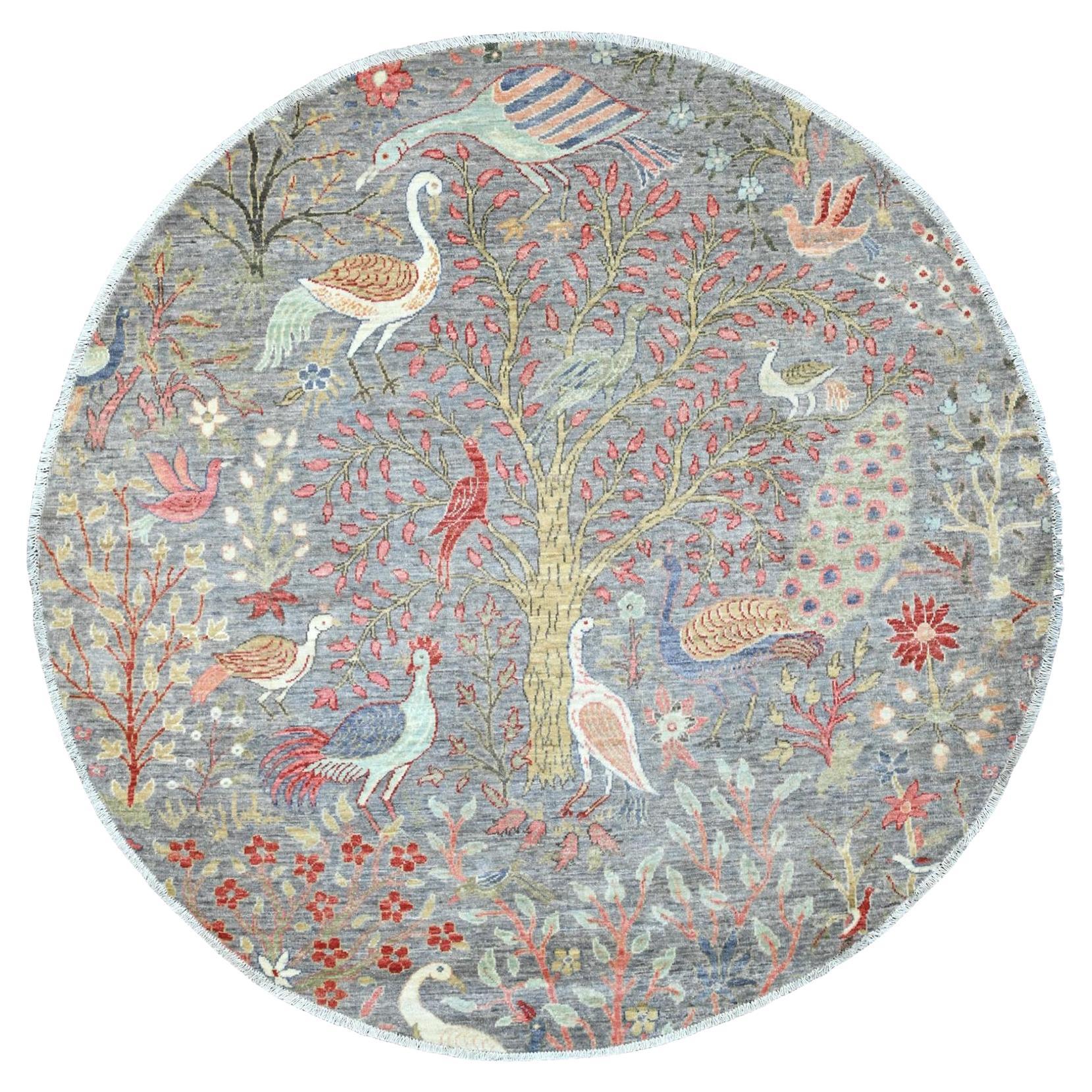 5'8 "x5'8" Gray Peshawar Birds of Paradise Design annodato a mano in tutta lana in vendita