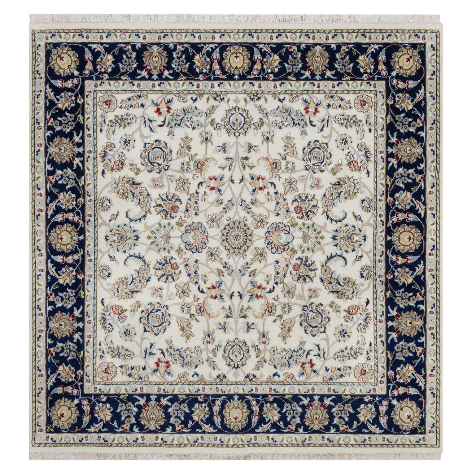 5
8"x5
8"  Ivory Nain All Over Design Wool Silk Hand Knotted Square Oriental Rug