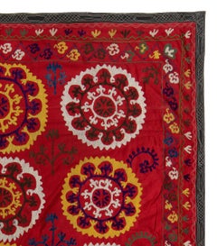 5.8x6.5 Ft Vintage Bedspread, Red Throw, Silk Wall Hanging, Embroidered Tapestry