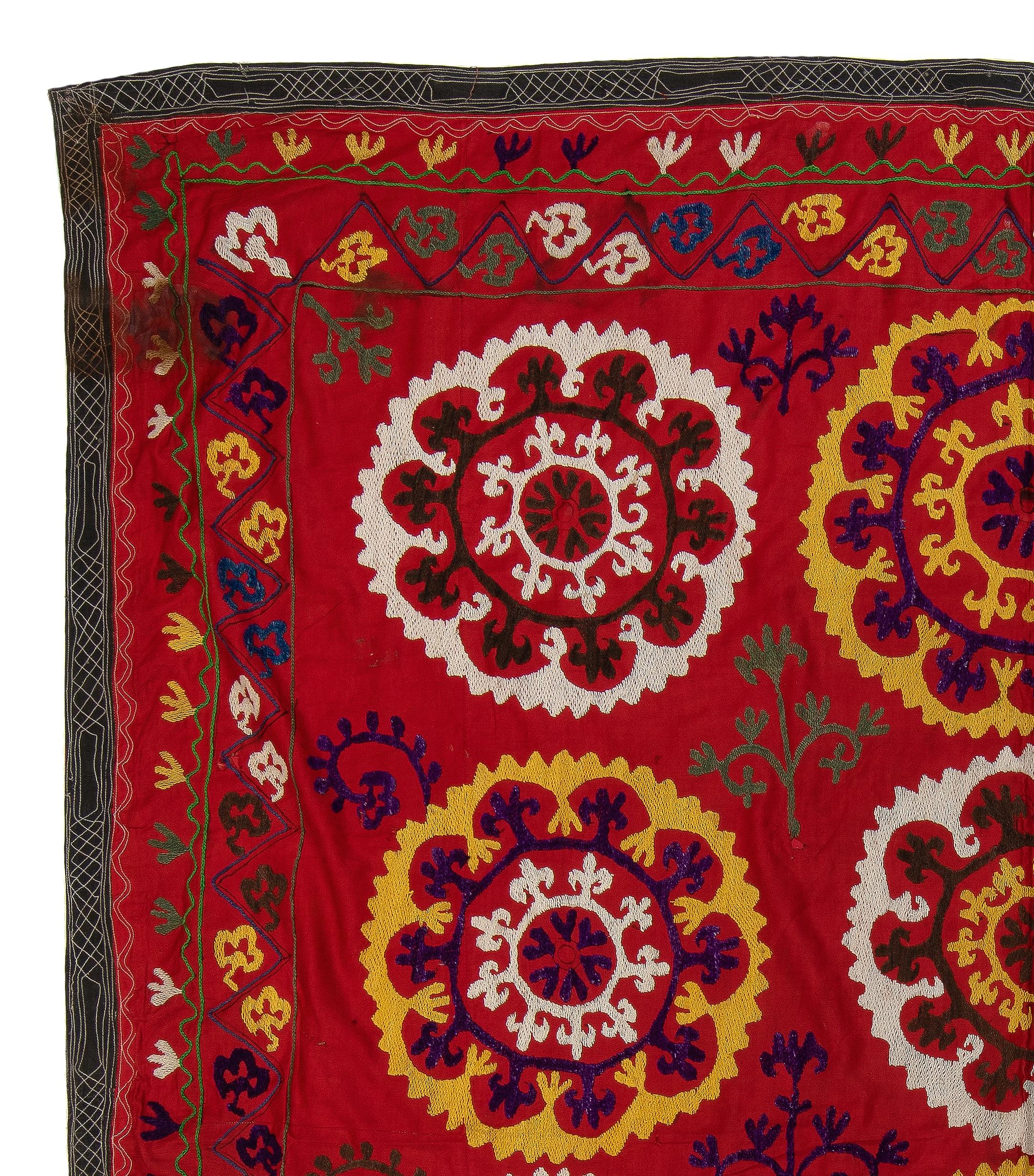 Suzani 5.8x6.5 Ft Vintage Bedspread, Red Throw, Silk Wall Hanging, Embroidered Tapestry For Sale