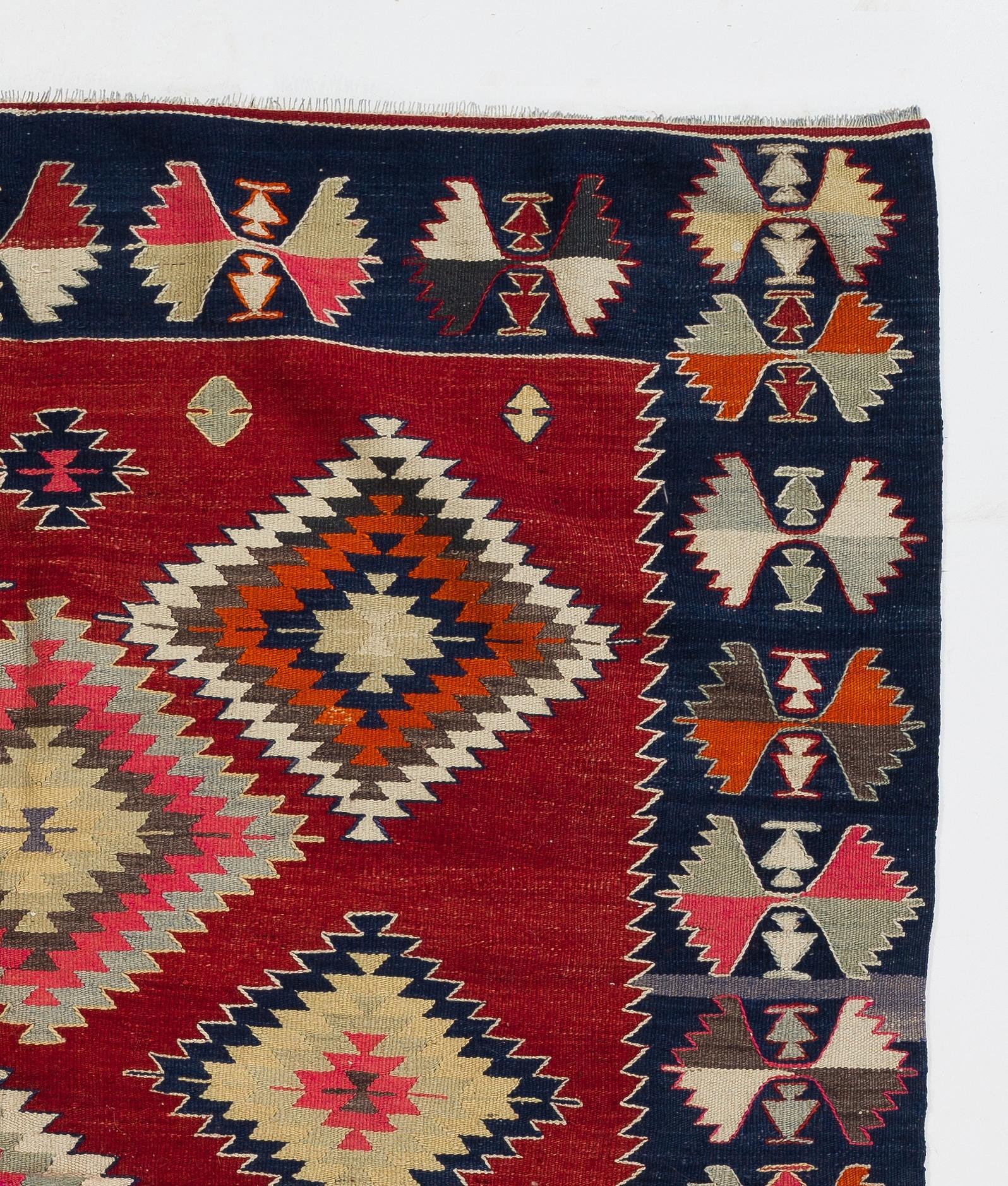 Turkish 5.8x6.8 Ft Vintage Anatolian Kilim Rug in Red with Geometric Design, 100% Wool For Sale