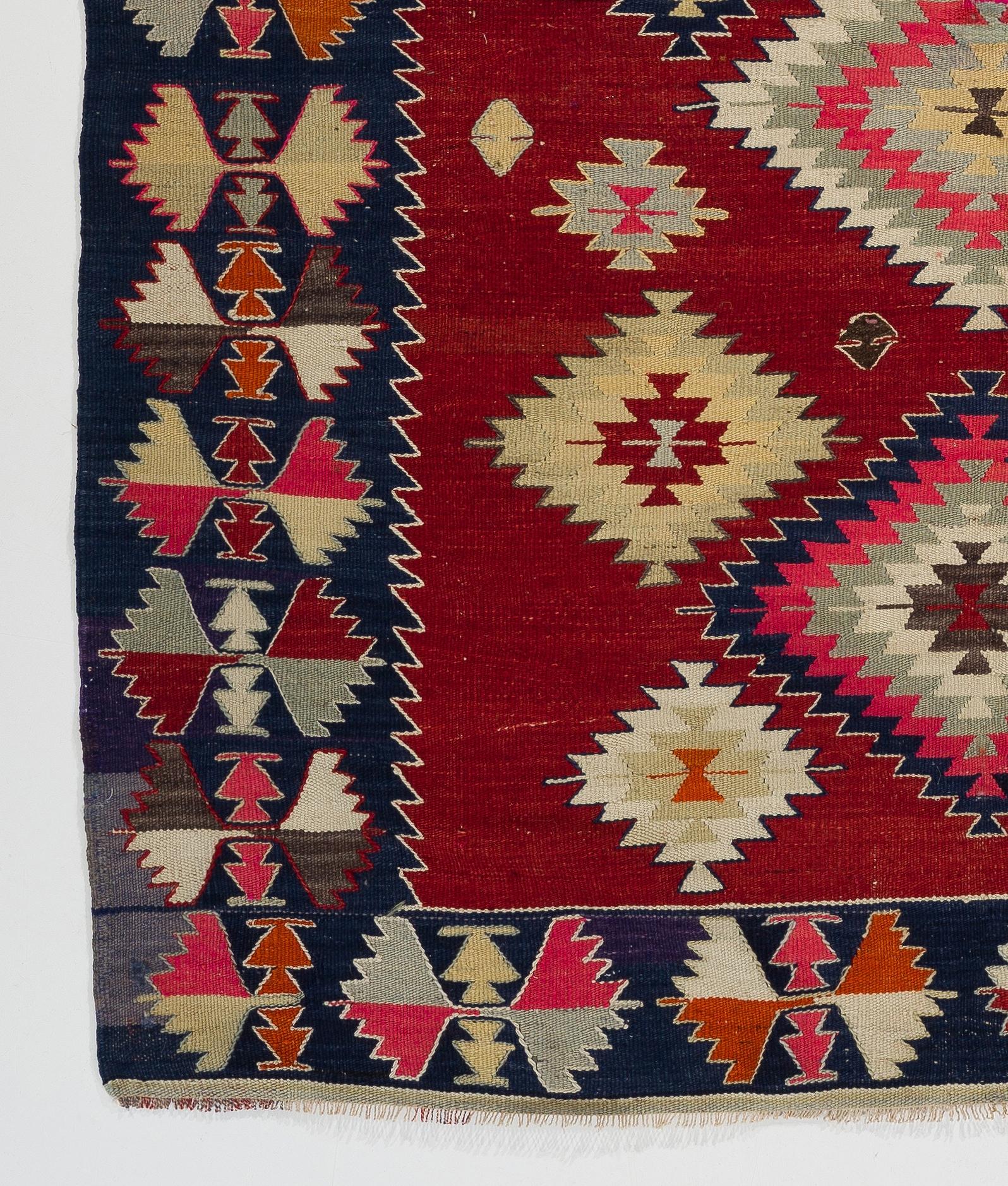 5.8x6.8 Ft Vintage Anatolian Kilim Rug in Red with Geometric Design, 100% Wool In Good Condition For Sale In Philadelphia, PA