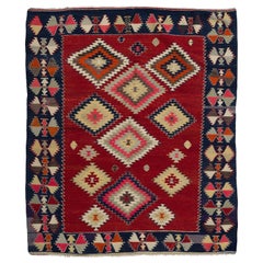 5.8x6.8 Ft Vintage Turkish Boho-Chic Kilim Rug with Geometric Design, 100% Wool