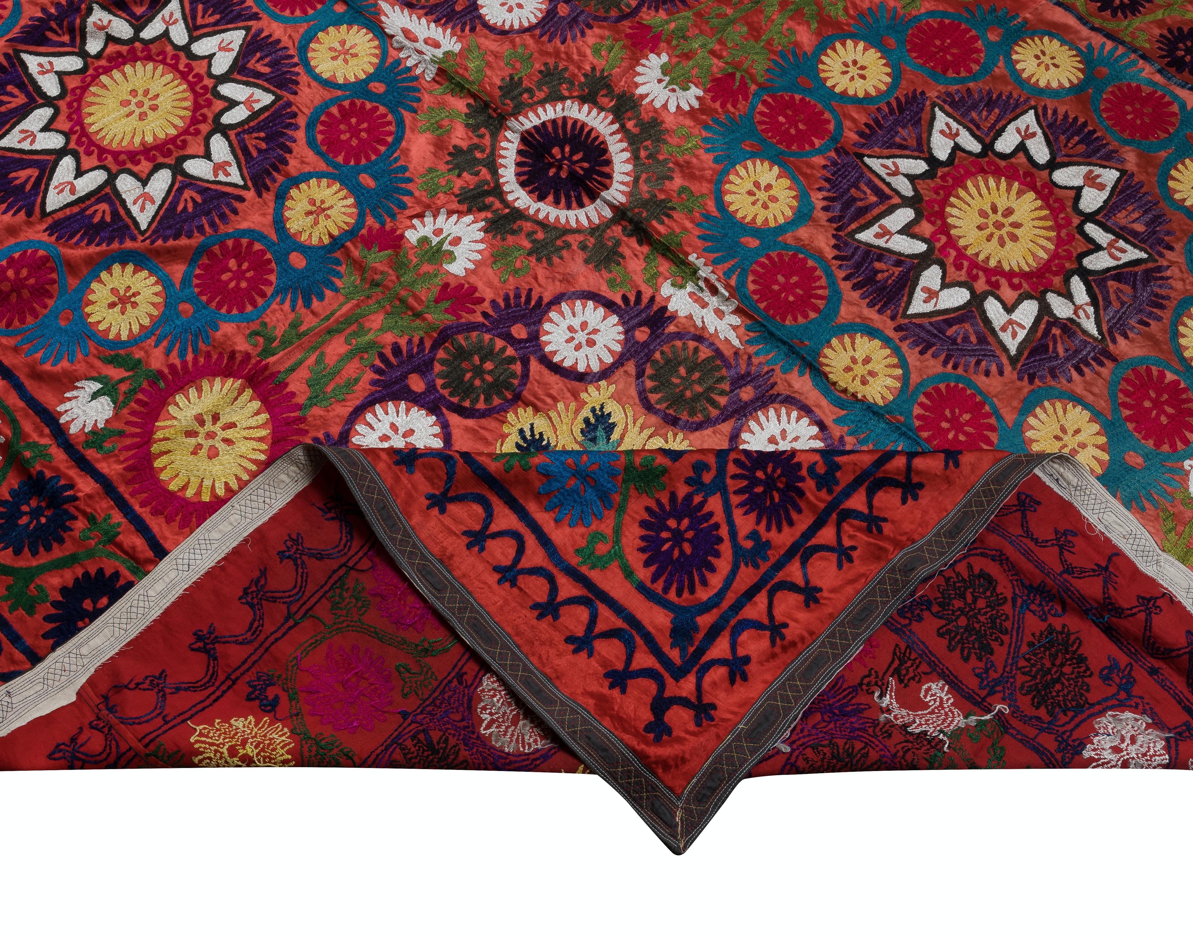 Step into a world of vibrant colors and intricate craftsmanship with our Uzbek Suzani Hand Embroidered Silk Wall Hanging or Bed Cover. This stunning piece is perfect for adding a touch of elegance to your home decor.

Made from a blend of silk and
