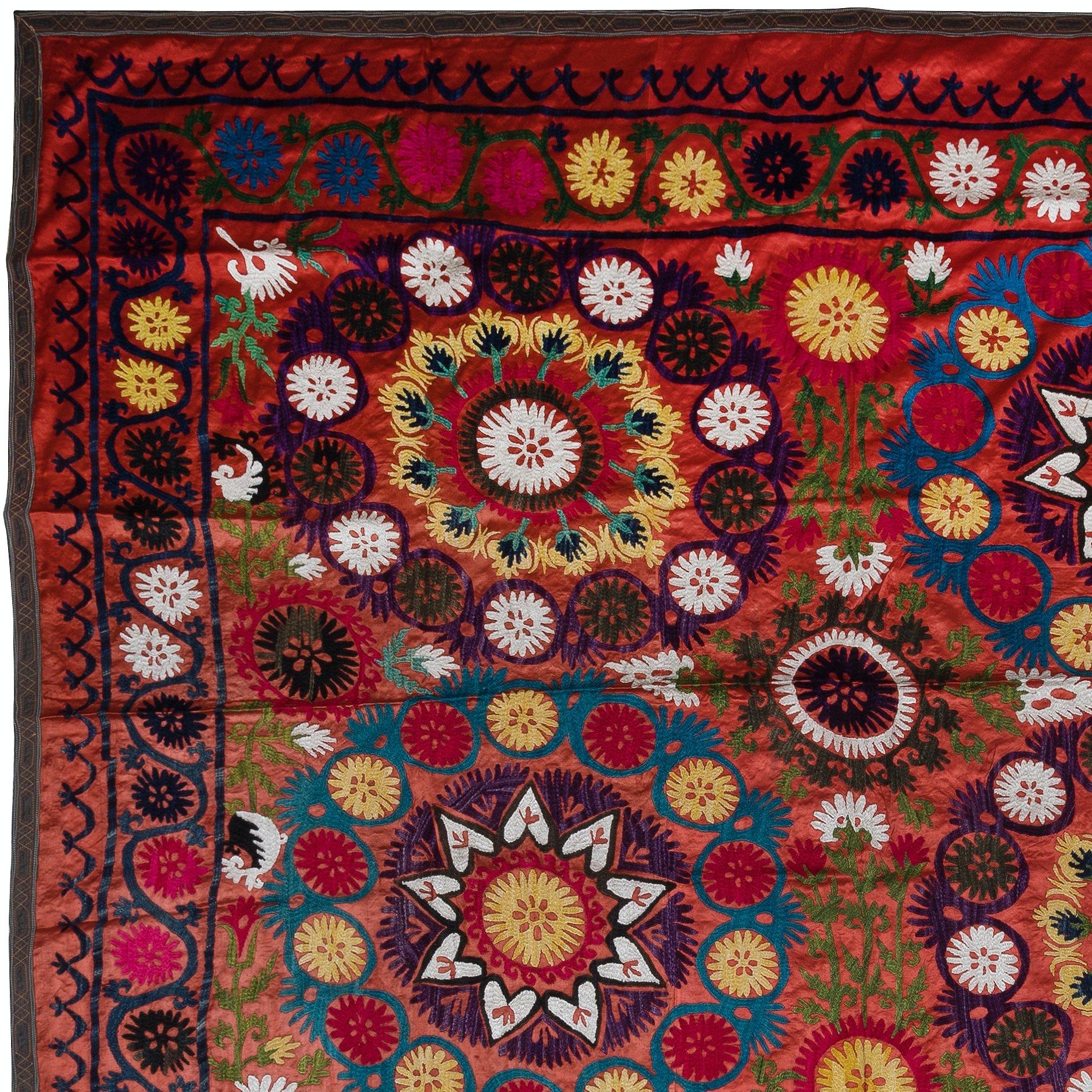 Suzani 5.8x7 ft Magnificent Silk Embroidery Wall Hanging, Wall Decor, Red Old Tapestry For Sale