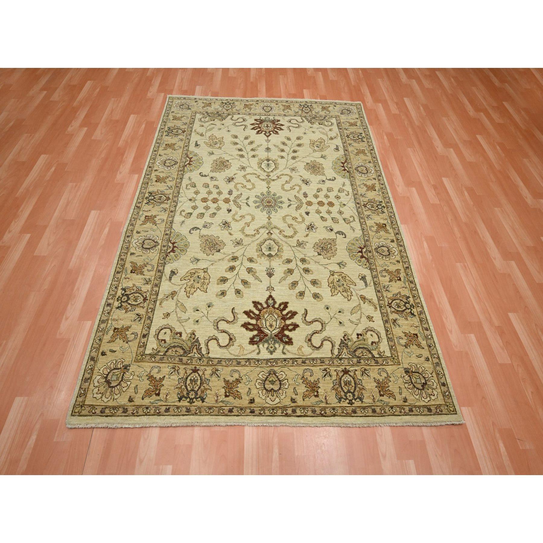 Parchment White, Agra with Ziegler Design, Colorful Leaf Pattern, Hand Knotted, Vegetable Dyes, Zero Pile, Pure Wool, Oriental Rug
Primary materials: Wool
Latex: No Pile 
height: 0.25 Inches
Style: Traditional
Primary color: Ivory
Secondary colors: