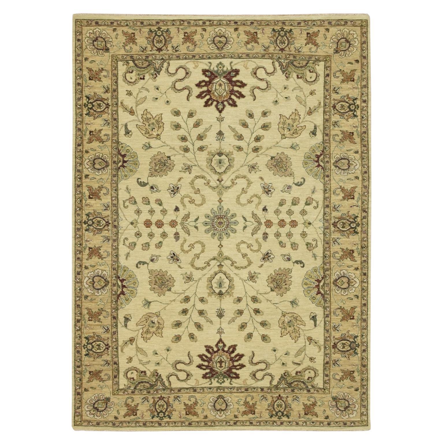 5'8"x7'10" Ivory Agra with Ziegler Design Leaf Pattern Hand Knotted Wool Rug For Sale