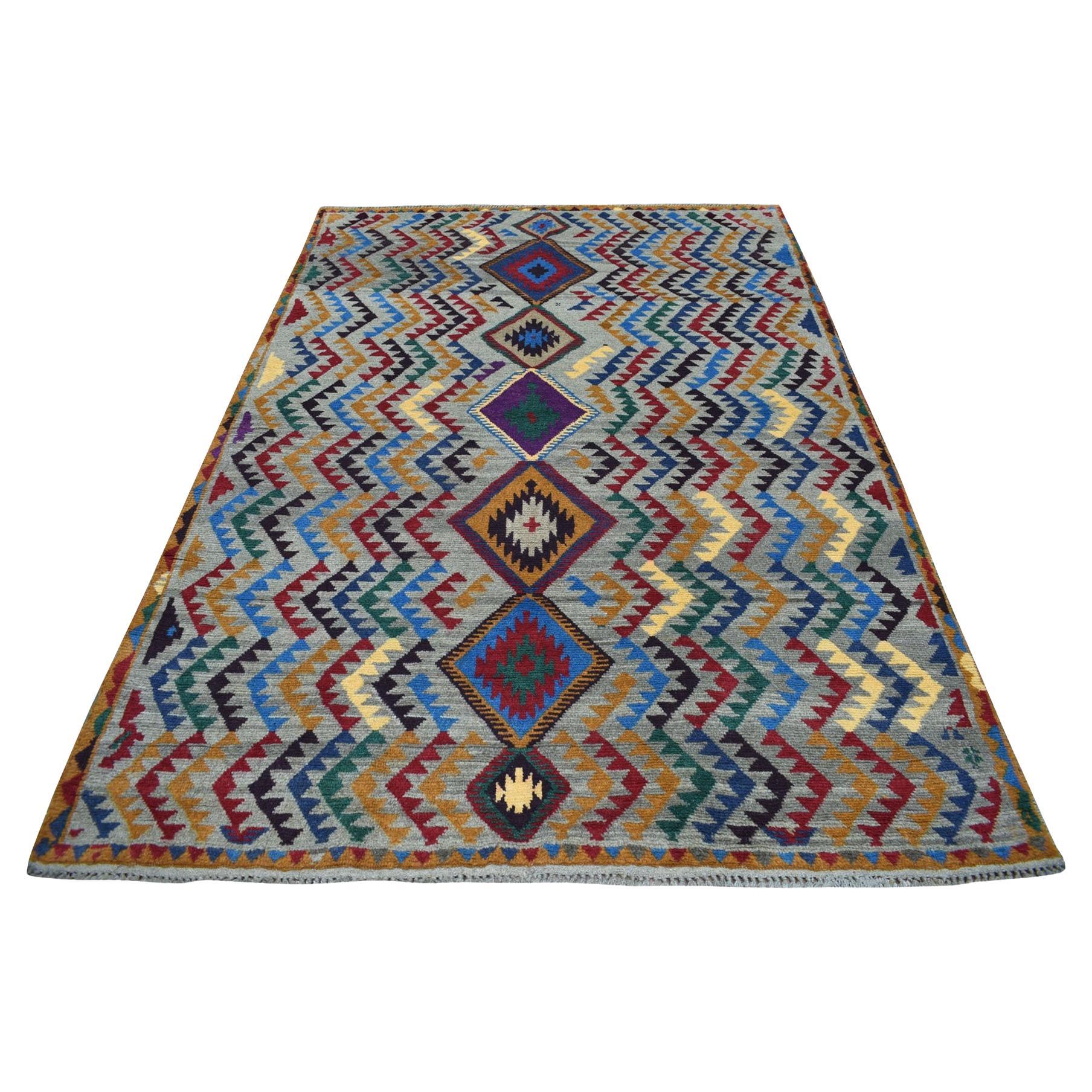 5'8"x7'6" Gray Tribal Design Colorful Afghan Baluch Wool Hand Knotted Rug For Sale