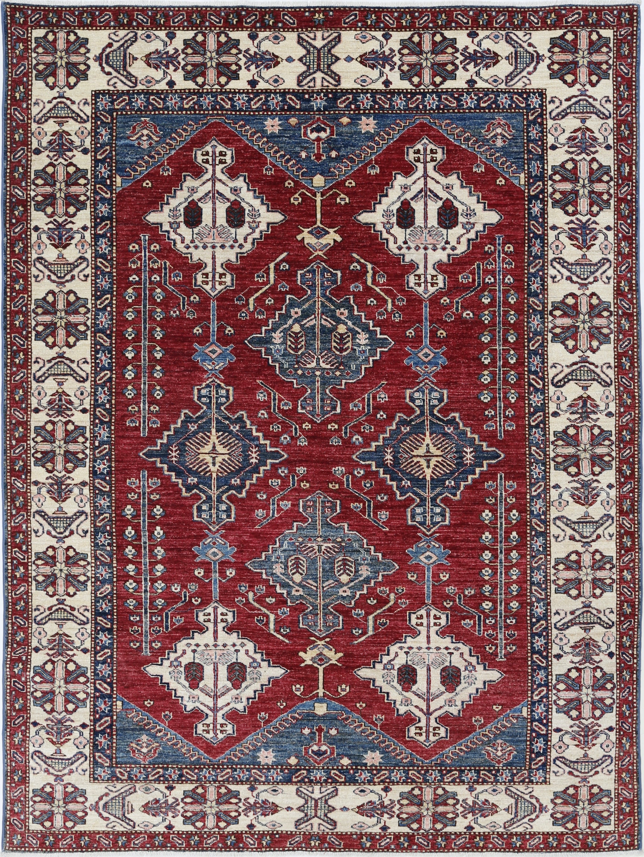 5.8x7.7 ft Hand Knotted Red, Navy Blue and Ivory Area Rug with Geometric Design