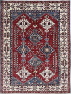 5.8x7.7 ft Hand Knotted Red, Navy Blue and Ivory Area Rug with Geometric Design