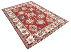 5.8x7.7 ft Handknotted Red, Ivory, Navy Blue Wool Area Rug with Geometric Design