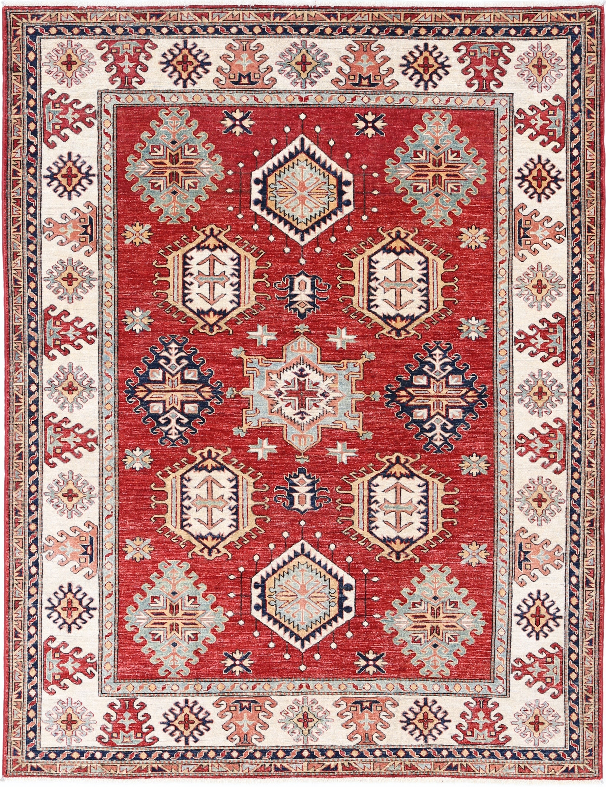 5.8x7.7 ft Handknotted Red, Ivory, Navy Blue Wool Area Rug with Geometric Design