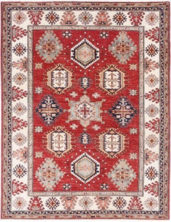 5.8x7.7 ft Handknotted Red, Ivory, Navy Blue Wool Area Rug with Geometric Design
